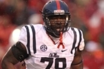 Nov 22, 2014; Fayetteville, AR, USA; Ole Miss Rebels offensive lineman Laremy Tunsil (78) during the game against the Arkansas Razorbacks at Donald W. Reynolds Razorback Stadium. Arkansas defeated Mississippi 30-0. Mandatory Credit: Nelson Chenault-USA TO