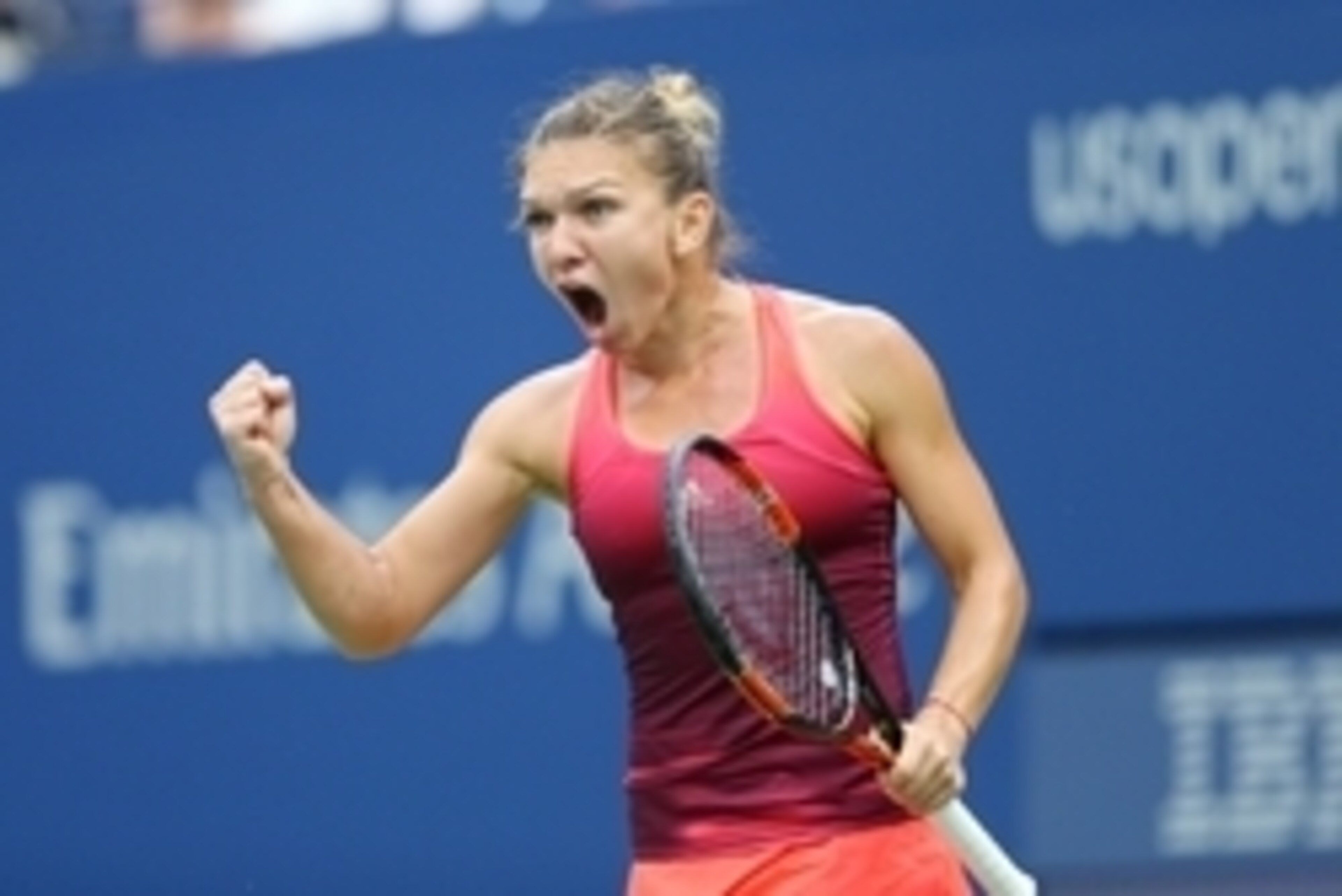 Sep 9, 2015; New York, NY, USA; Simona Halep of Romania celebrates after breaking the serve of Victoria Azarenka of Belarus in the third set of their match on day ten of the 2015 U.S. Open tennis tournament at USTA Billie Jean King National Tennis Center.
