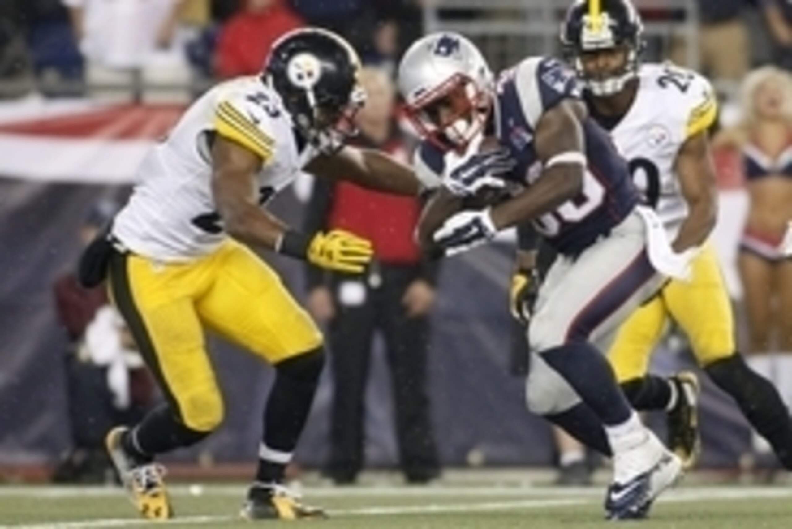 Sep 10, 2015; Foxborough, MA, USA; Pittsburgh Steelers free safety Mike Mitchell (23) tackles New England Patriots running back Dion Lewis (33) during the fourth quarter at Gillette Stadium. Mandatory Credit: Stew Milne-USA TODAY Sports