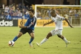 September 5, 2015; San Jose, CA, USA; San Jose Earthquakes forward Chris Wondolowski (8) kicks the soccer ball against Philadelphia Union defender Fabinho (33) during the second half at Avaya Stadium. The Union defeated the Earthquakes 2-1. Mandatory Cred