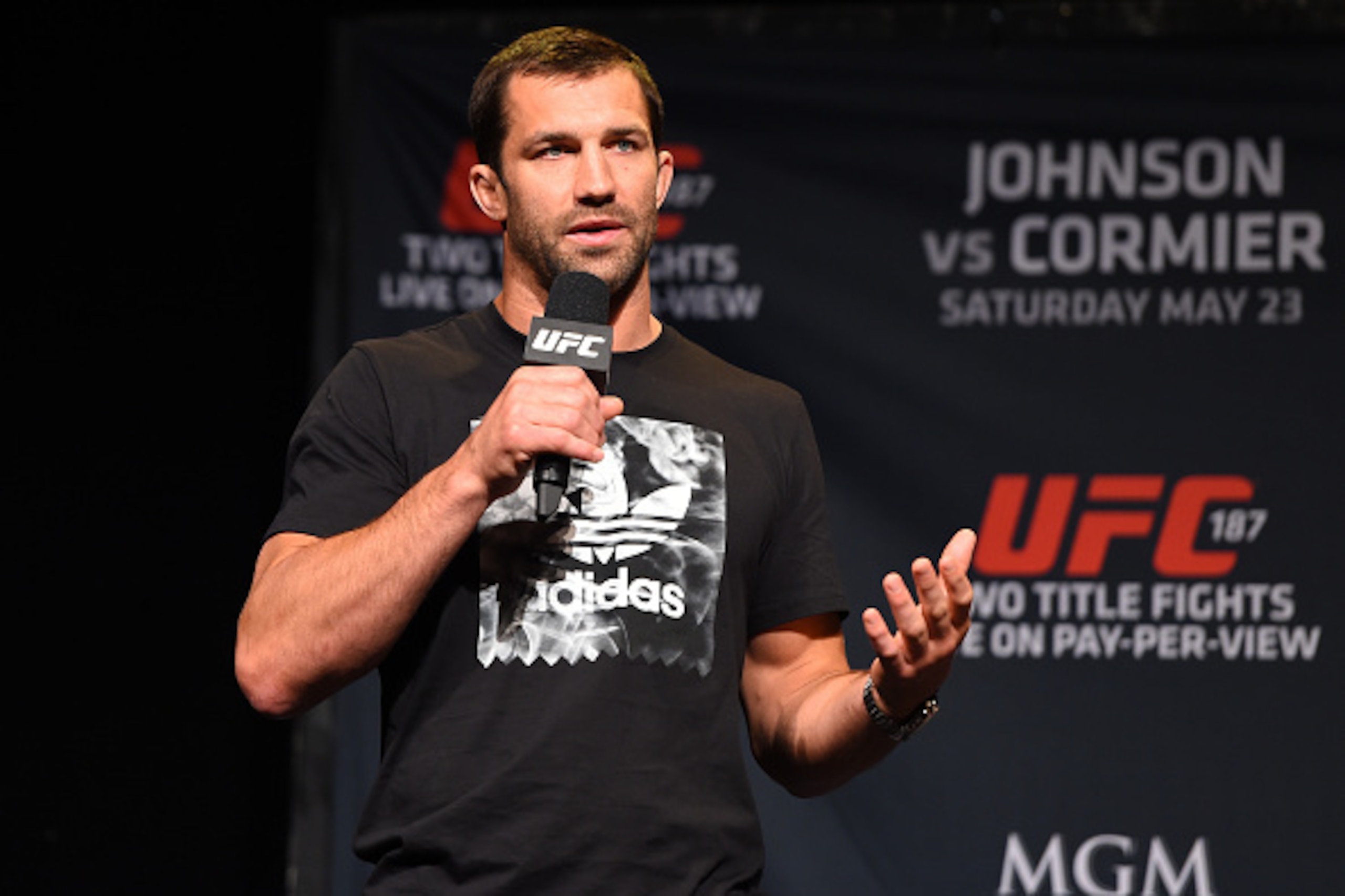 LAS VEGAS, NV - MAY 22:   UFC middleweight contender Luke Rockhold interacts with fans during a Q&A session before the UFC 187 weigh-in at the MGM Grand Conference Center on May 22, 2015 in Las Vegas, Nevada. (Photo by Josh Hedges/Zuffa LLC/Zuffa LLC via 