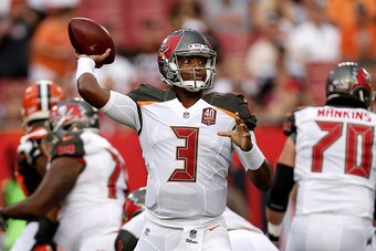 TAMPA, FL - AUGUST 29: Quarterback Jameis Winston #3 of the Tampa Bay Buccaneers on a passing play during a preseason game against the Cleveland Browns at Raymond James Stadium on August 29, 2015 in Tampa, Florida. The Browns defeated the Buccaneers 31 to