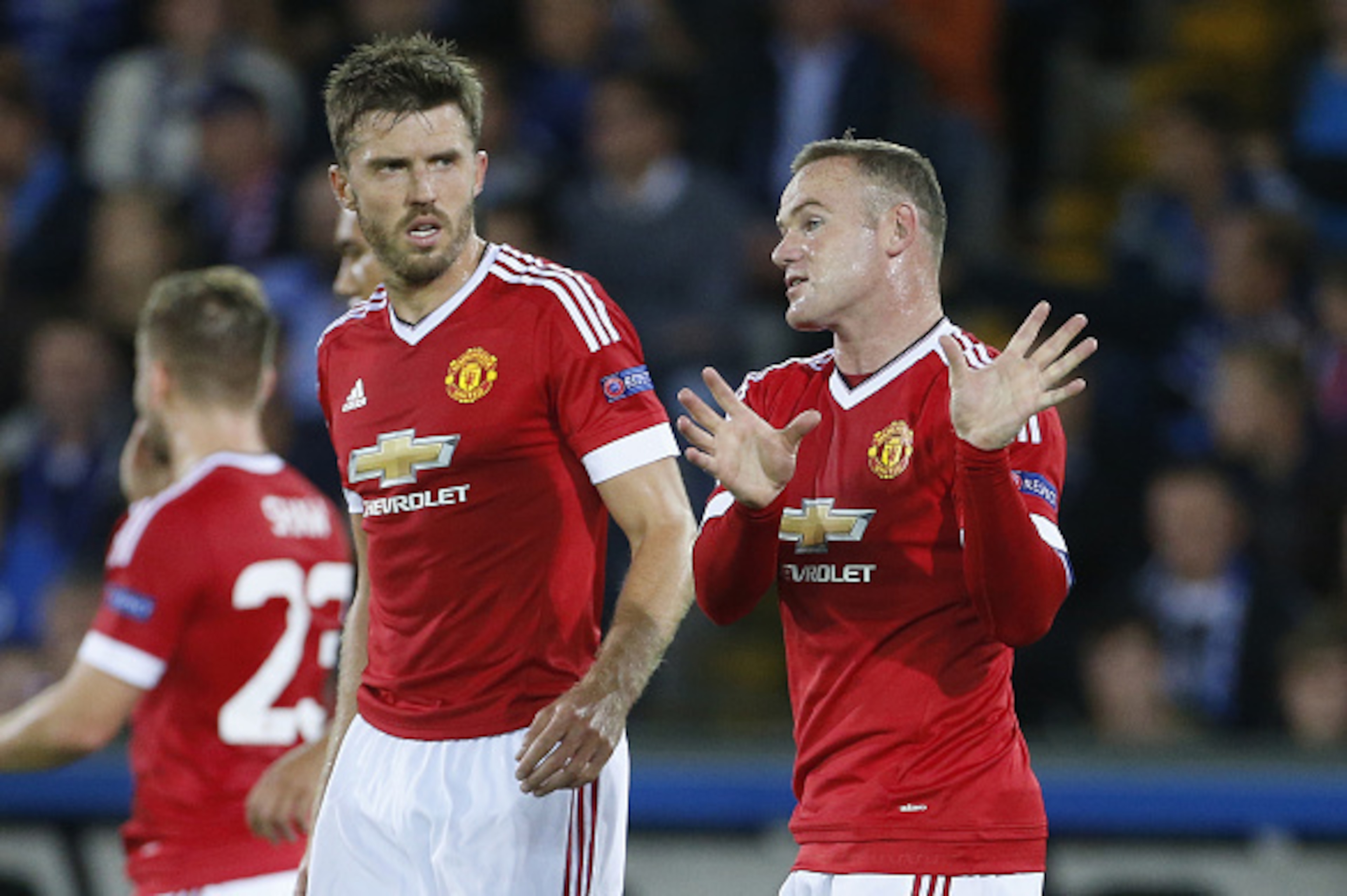 BRUGGE - AUGUST 26: Michael Carrick and Wayne Rooney of Manchester United look on during the UEFA Champions League play off round 2nd leg between Club Brugge KV and Manchester United on August 26, 2015 in Brugge, Belgium. (Photo by Jean Catuffe/Getty Imag BRUGGE - AUGUST 26: Michael Carrick and Wayne Rooney of Manchester United look on during the UEFA Champions League play off round 2nd leg between Club Brugge KV and Manchester United on August 26, 2015 in Brugge, Belgium. (Photo by Jean Catuffe/Getty Imag