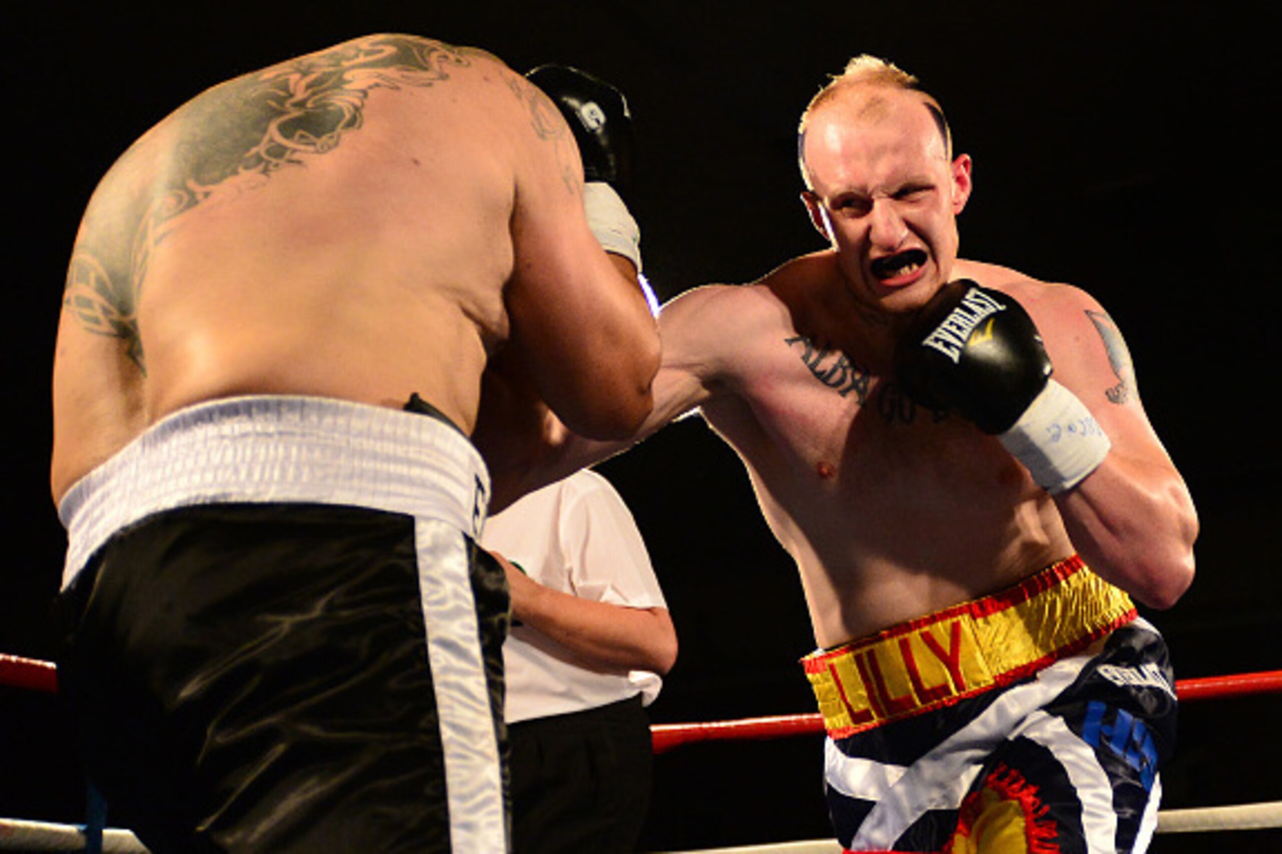 GLASGOW, SCOTLAND MAY 23 : Gary Cornish of Scotland takes on Zoltan Csala of Hungary during the IBO intercontinental championship match up at Glasgow's Bellahouston Leisure Centre on May 23, 2015 in Glasgow, Scotland. (Photo by Mark Runnacles/Getty Images