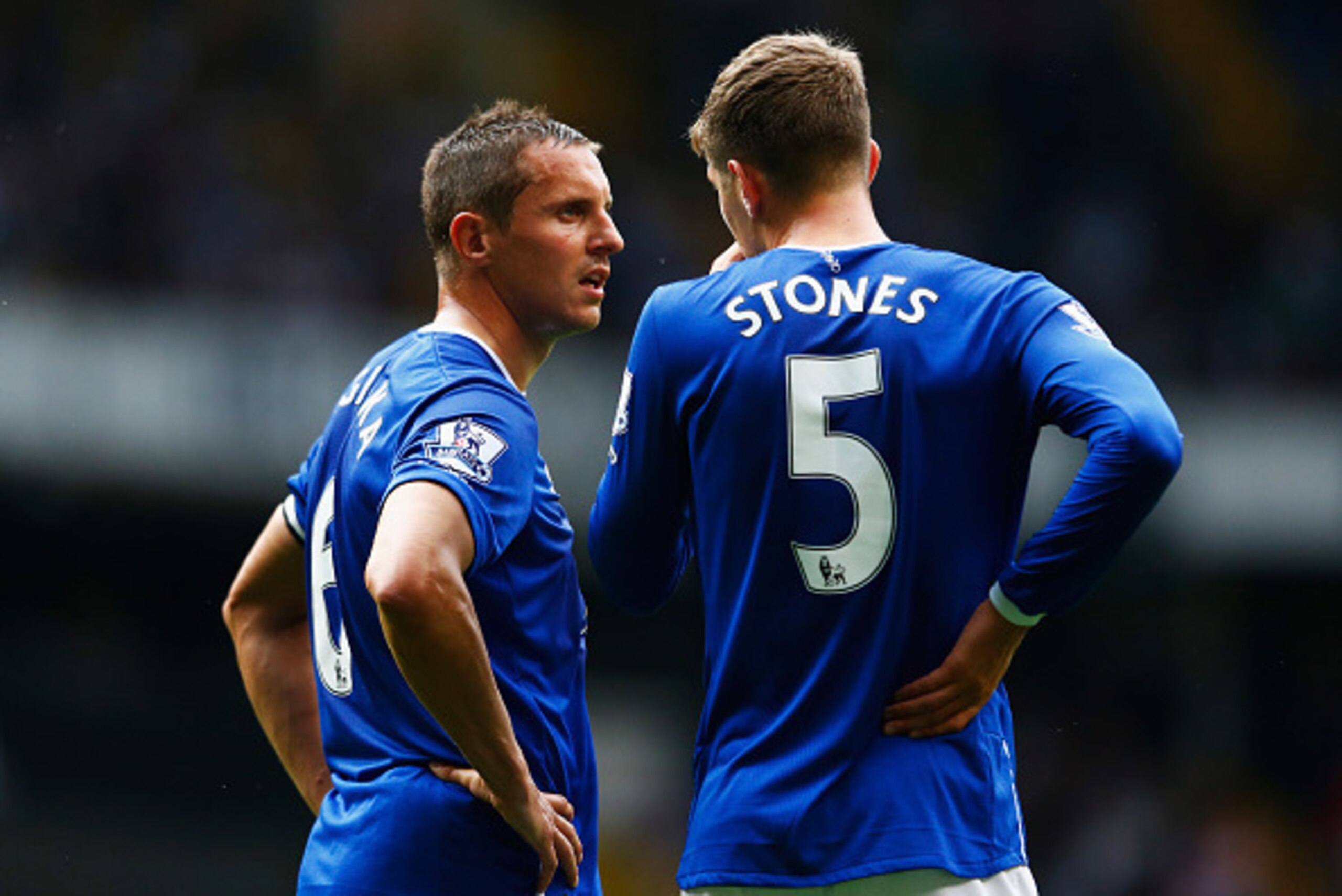 LONDON, ENGLAND - AUGUST 29: Phil Jagielka (L) and John Stones (R) of Everton talk during the Barclays Premier League match between Tottenham Hotspur and Everton at White Hart Lane on August 29, 2015 in London, England. (Photo by Julian Finney/Getty Imag LONDON, ENGLAND - AUGUST 29: Phil Jagielka (L) and John Stones (R) of Everton talk during the Barclays Premier League match between Tottenham Hotspur and Everton at White Hart Lane on August 29, 2015 in London, England. (Photo by Julian Finney/Getty Imag