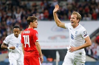 Harry Kane celebrates sealing England's 2-0 win against Switzerland.