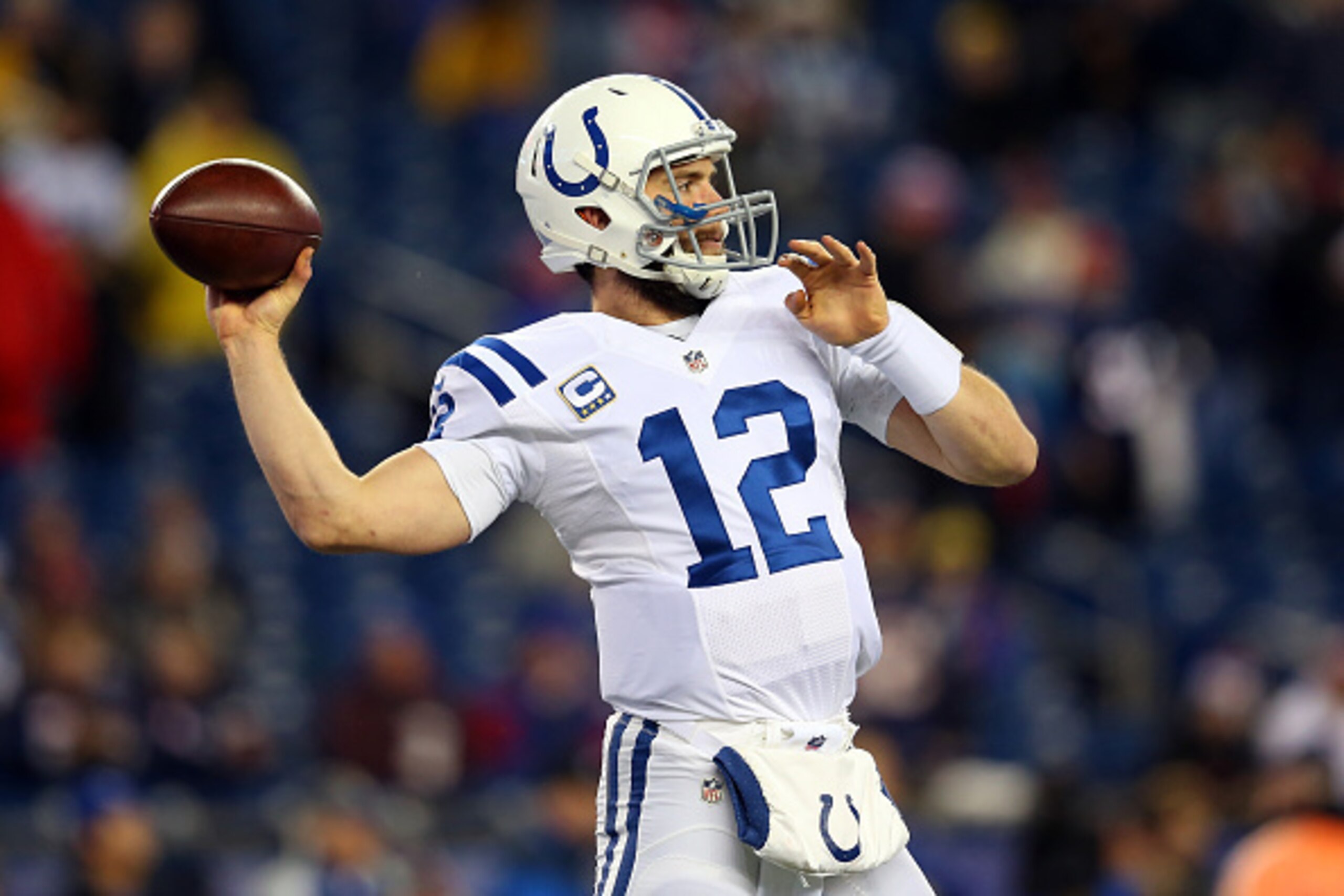FOXBORO, MA - JANUARY 18:  Andrew Luck #12 of the Indianapolis Colts warms up before the 2015 AFC Championship Game against the New England Patriots at Gillette Stadium on January 18, 2015 in Foxboro, Massachusetts.  (Photo by Jim Rogash/Getty Images)