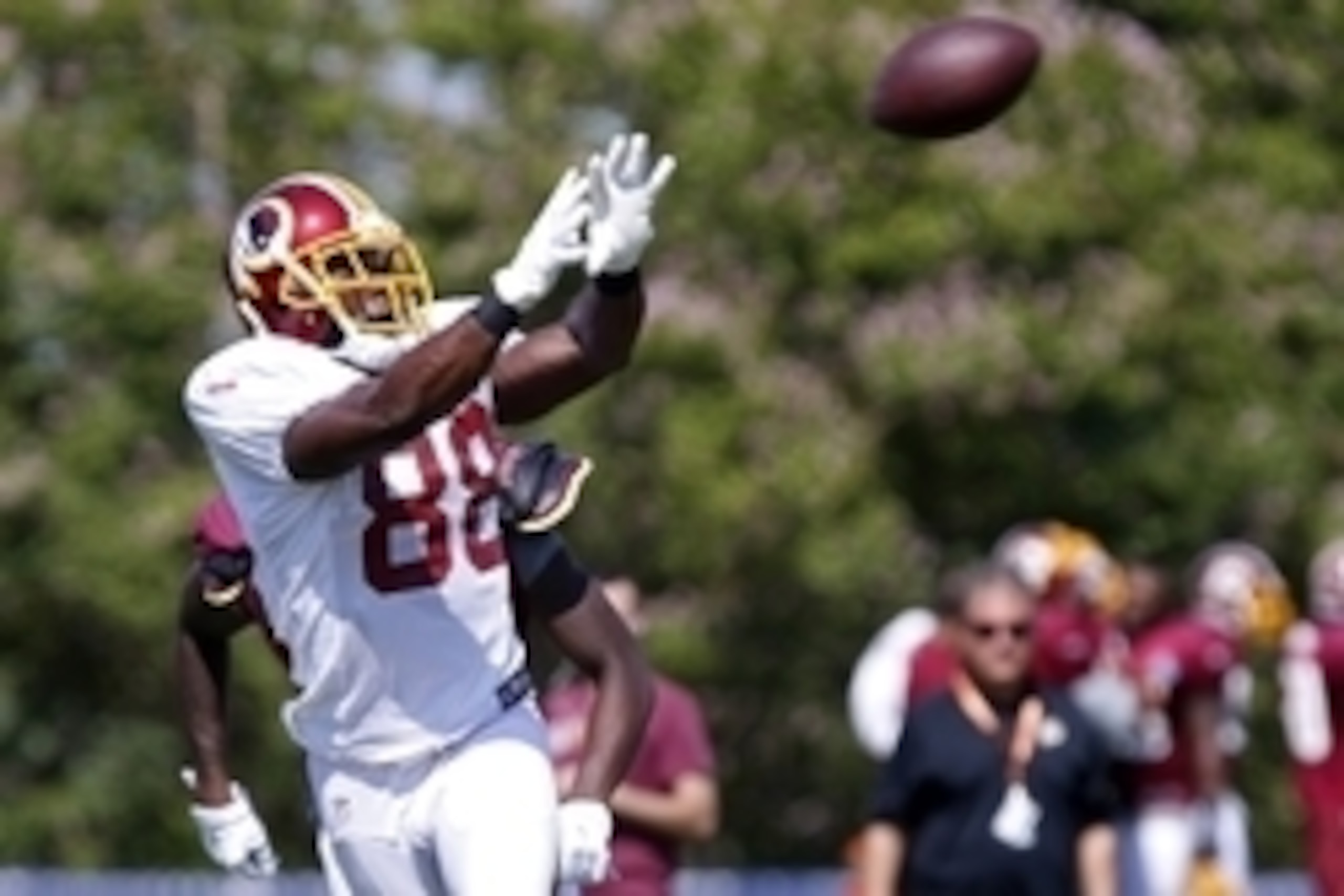 Aug 1, 2015; Richmond, VA, USA; Washington Redskins wide receiver Pierre Garcon (88) catches the ball during afternoon practice as part of day three of training camp at Bon Secours Washington Redskins Training Center. Mandatory Credit: Geoff Burke-USA TOD