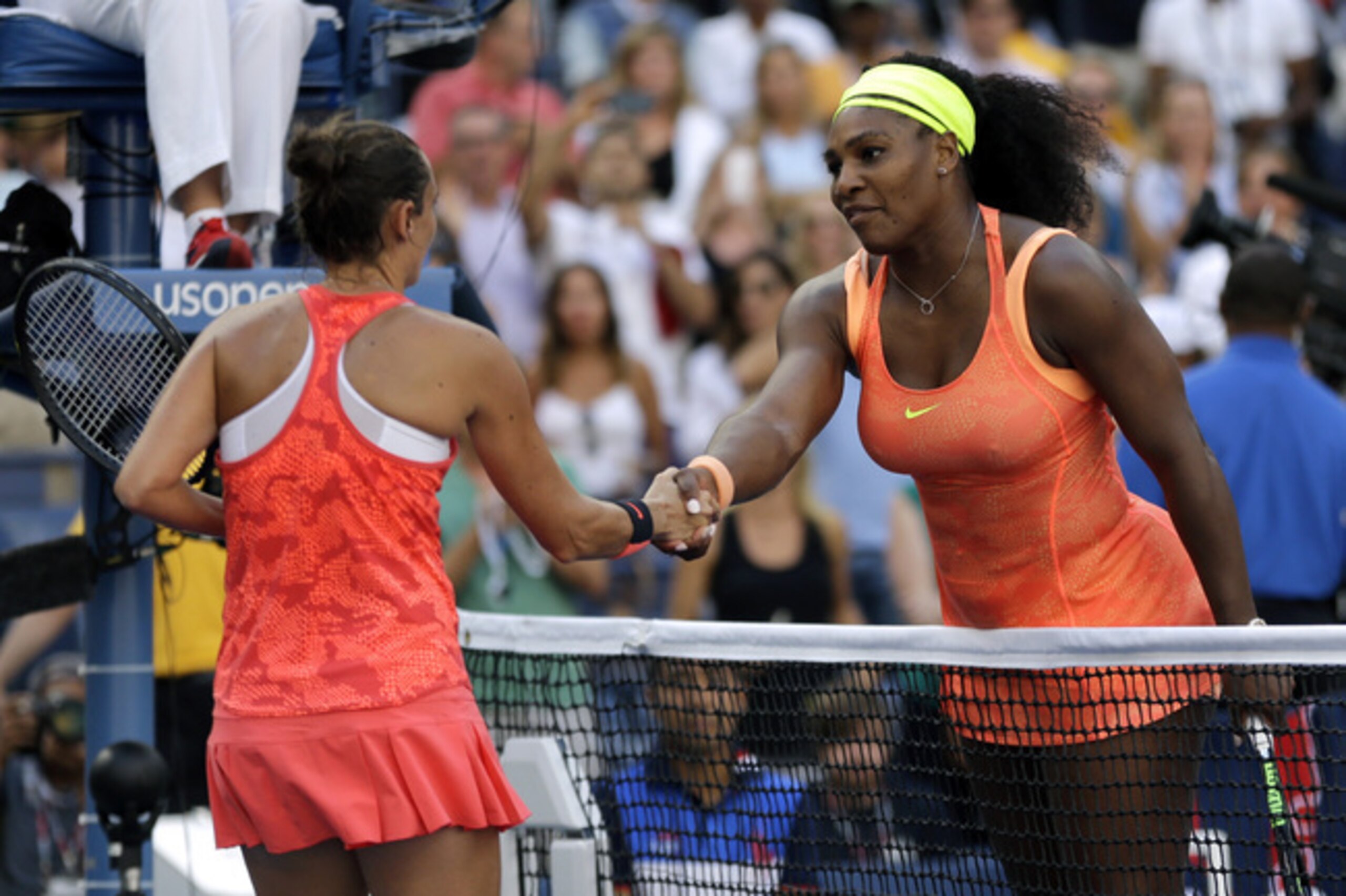 Serena Williams congratulates Roberta Vinci after her win at the U.S. Open.