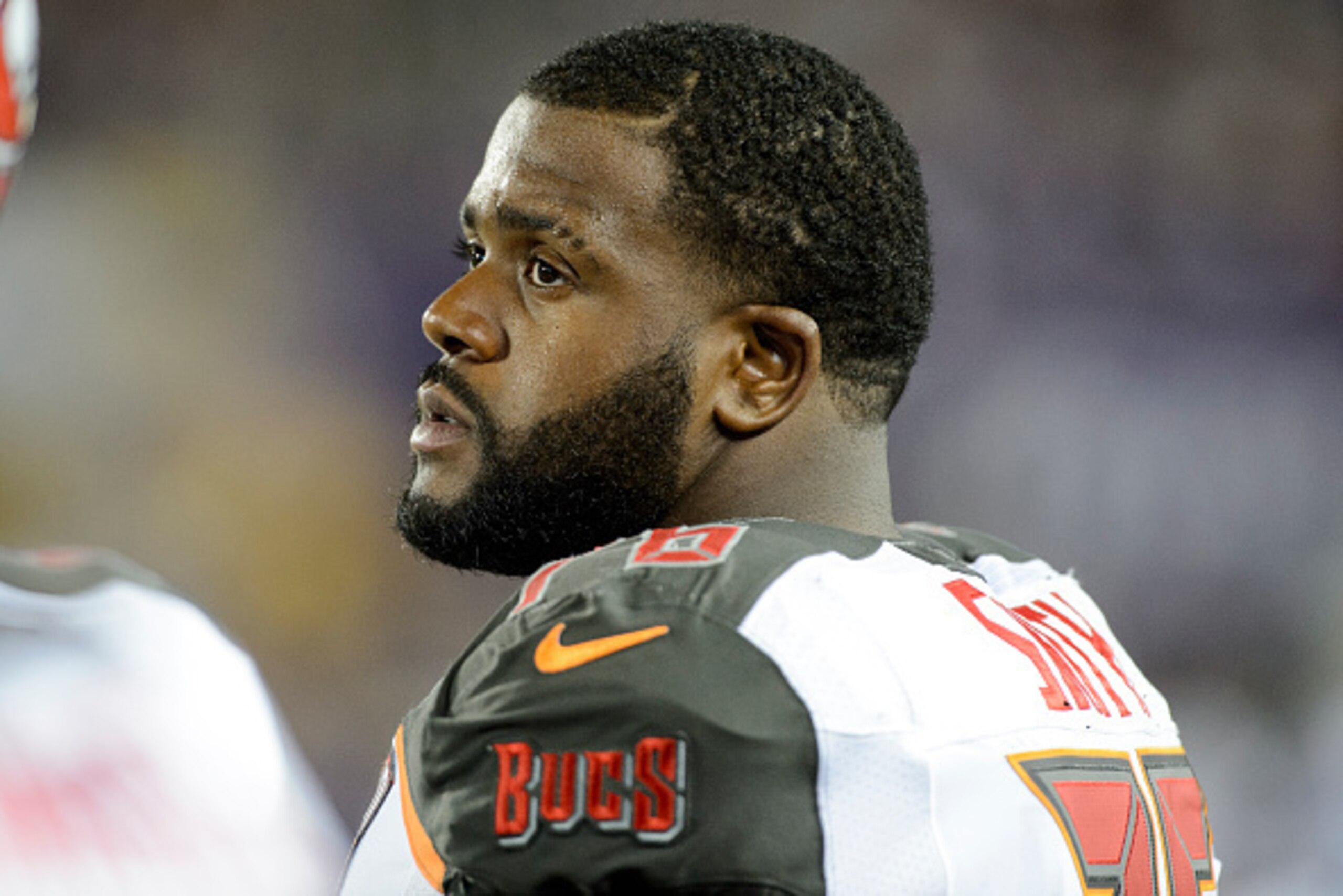 MINNEAPOLIS, MN - AUGUST 15: Donovan Smith #76 of the Tampa Bay Buccaneers looks on during the preseason game against the Minnesota Vikings on August 15, 2015 at TCF Bank Stadium in Minneapolis, Minnesota. The Vikings defeated the Buccaneers 26-16. (Photo