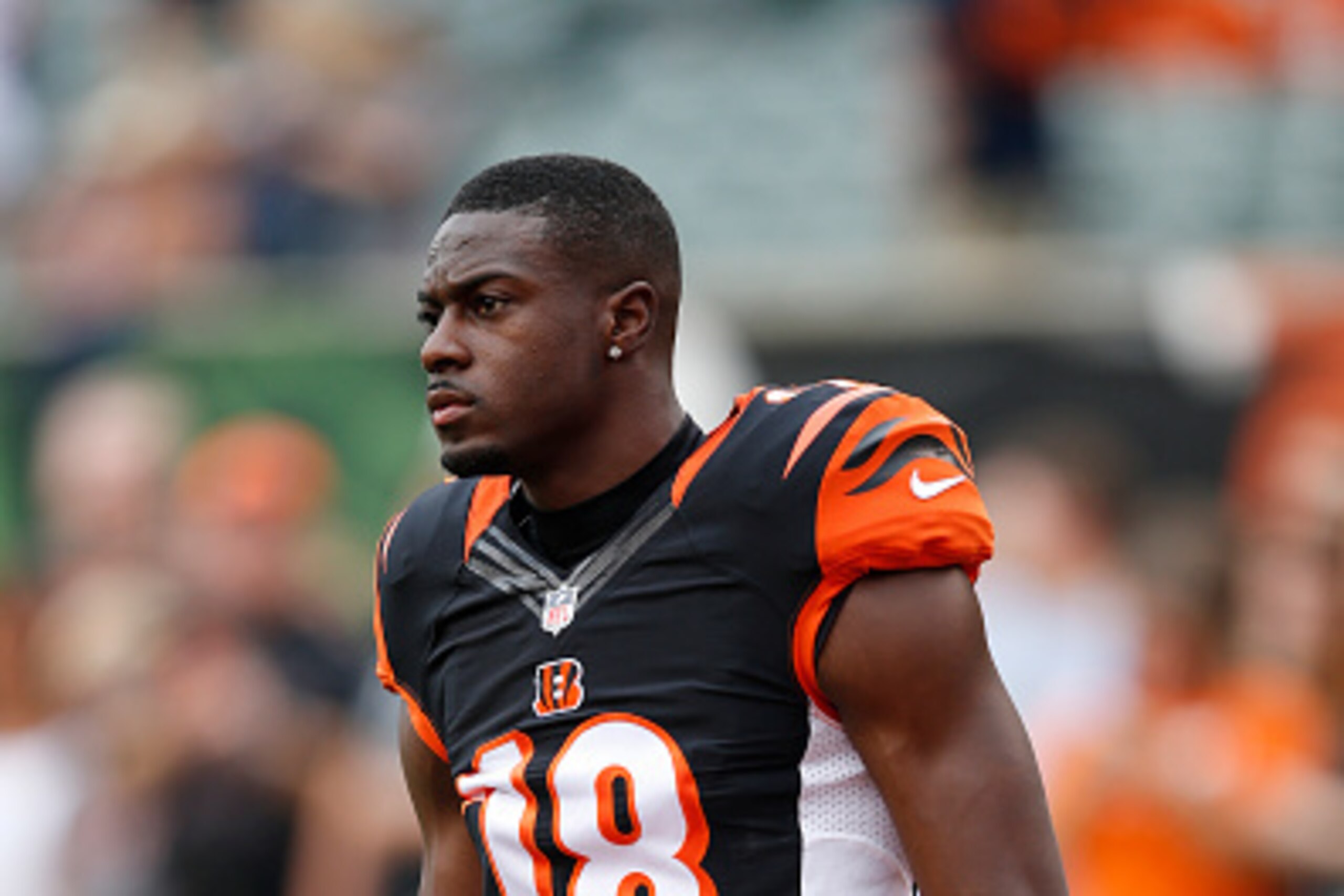 CINCINNATI, OH - AUGUST 29: A.J. Green #18 of the Cincinnati Bengals looks on against the Chicago Bears during a preseason game at Paul Brown Stadium on August 29, 2015 in Cincinnati, Ohio. (Photo by Joe Robbins/Getty Images)