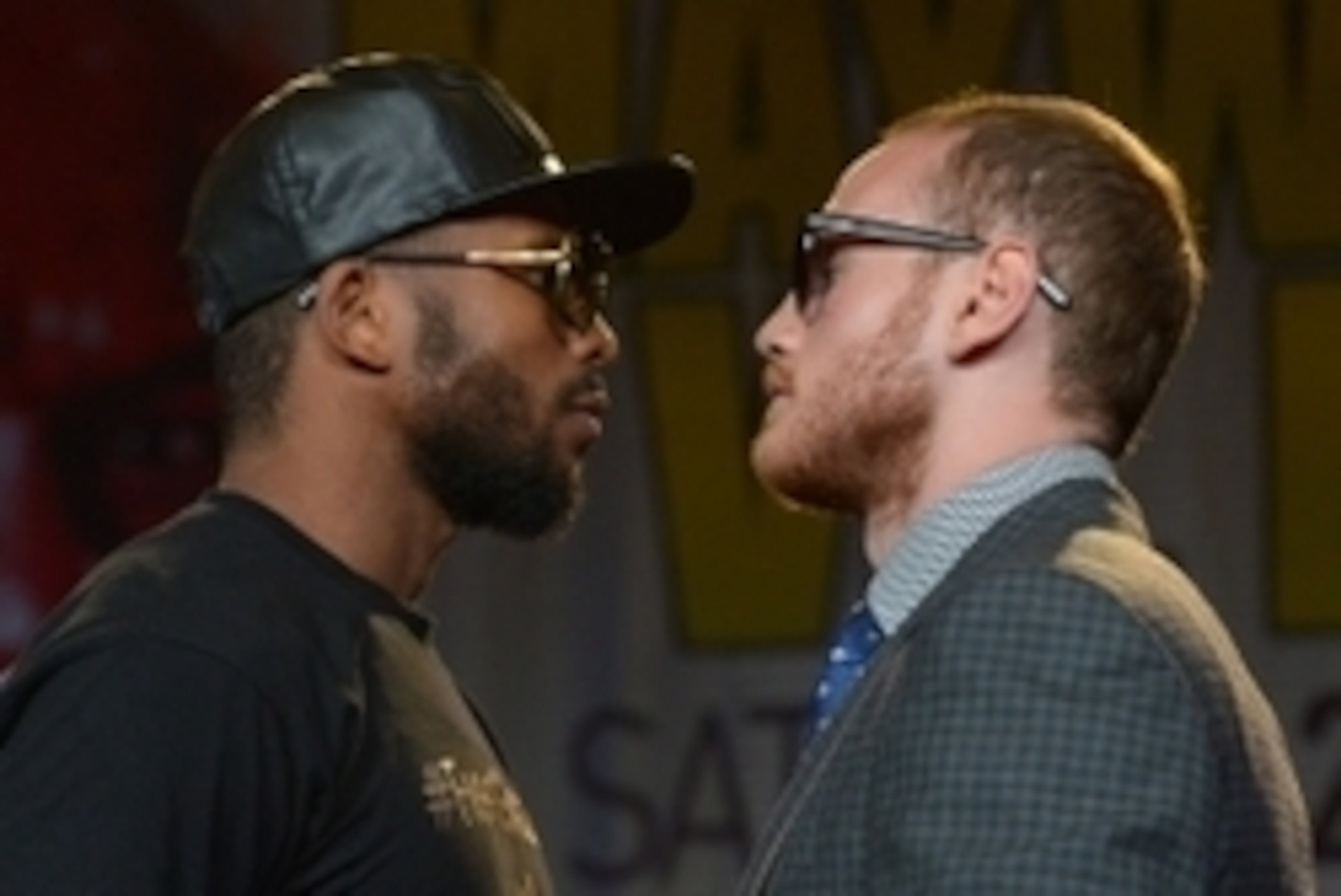 Aug 6, 2015; Los Angeles, CA, USA; Fighters George Groves and Badou Jack face off during a press conference to announce the upcoming fight on September 12, 2015 at J.W. Marriott LA Live. Mandatory Credit: Jayne Kamin-Oncea-USA TODAY Sports