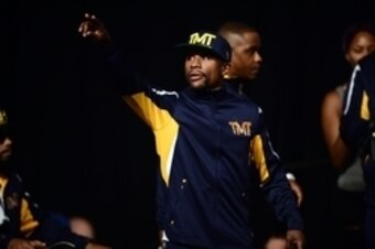 Sep 11, 2015; Las Vegas, NV, USA; Floyd Mayweather enters during weigh-ins for his upcoming boxing fight against Andre Berto (not pictured) at MGM Grand Garden Arena. Mandatory Credit: Joe Camporeale-USA TODAY Sports