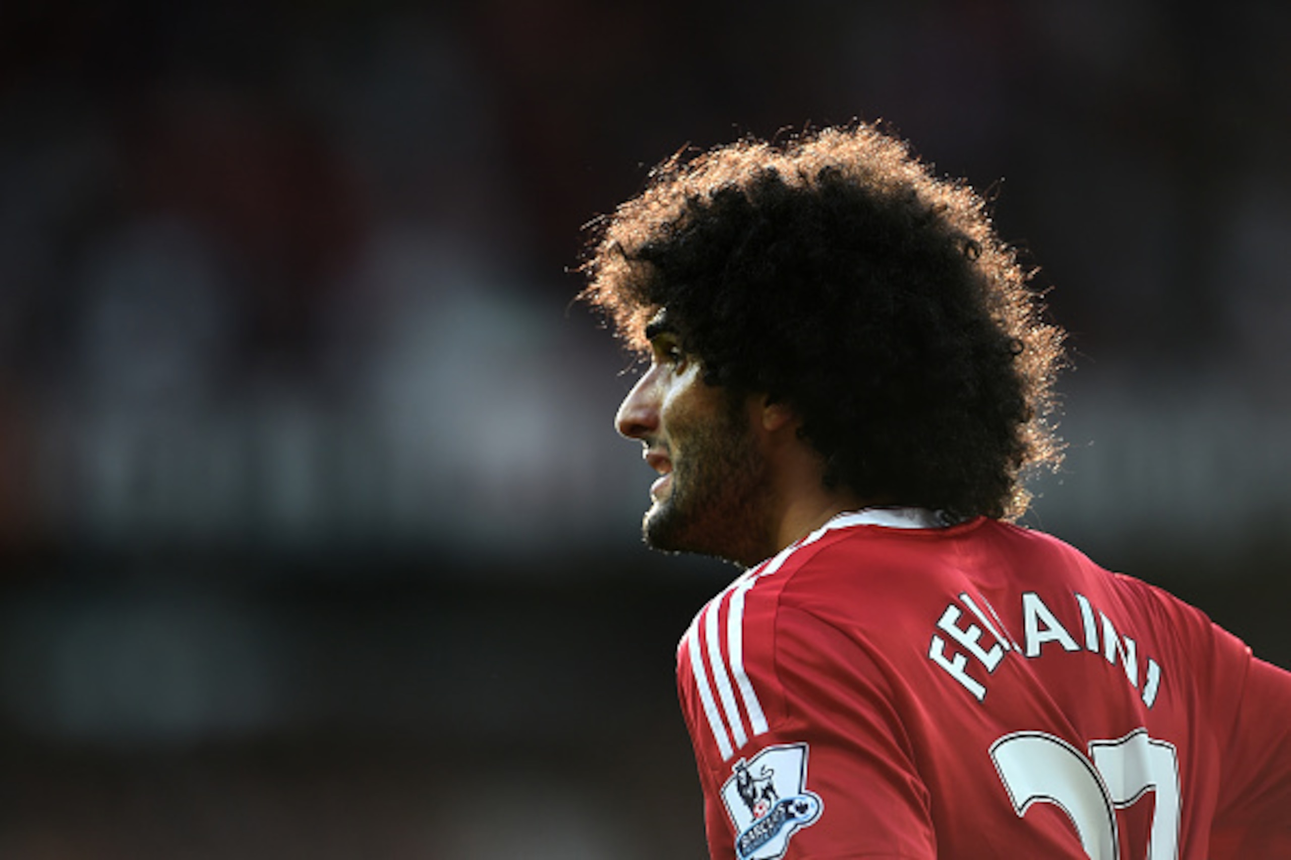 MANCHESTER, ENGLAND - SEPTEMBER 12: Marouane Fellaini of Manchester United looks on during the Barclays Premier League match between Manchester United and Liverpool at Old Trafford on September 12, 2015 in Manchester, United Kingdom.  (Photo by Laurence G
