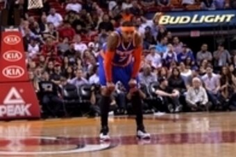 Feb 9, 2015; Miami, FL, USA; New York Knicks forward Carmelo Anthony (7) takes a breather during the first half against the Miami Heat at American Airlines Arena. Mandatory Credit: Steve Mitchell-USA TODAY Sports