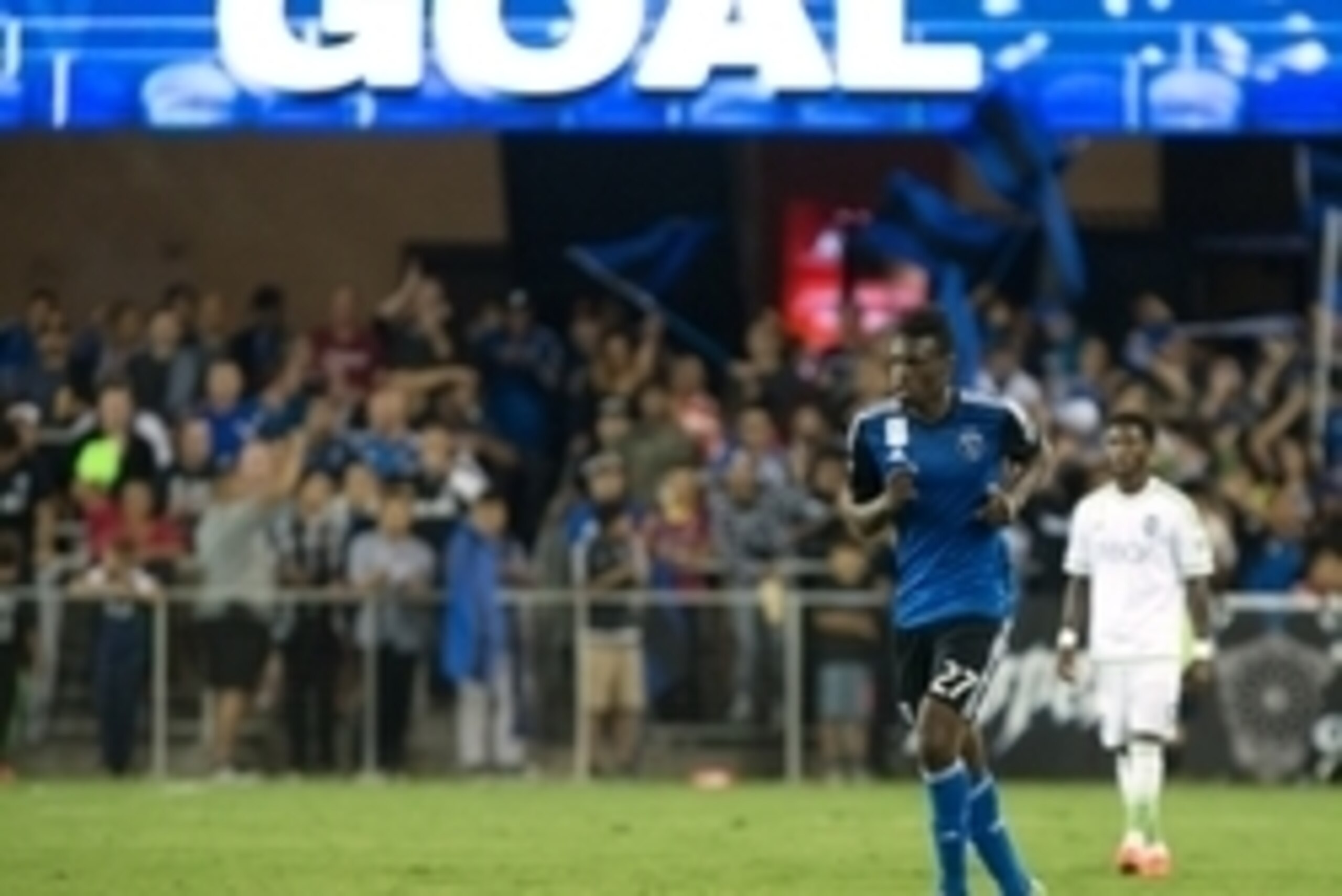 Sep 12, 2015; San Jose, CA, USA; San Jose Earthquakes defender Fatai Alashe (27) after a goal against the Seattle Sounders FC during the second half at Avaya Stadium. Mandatory Credit: Kelley L Cox-USA TODAY Sports