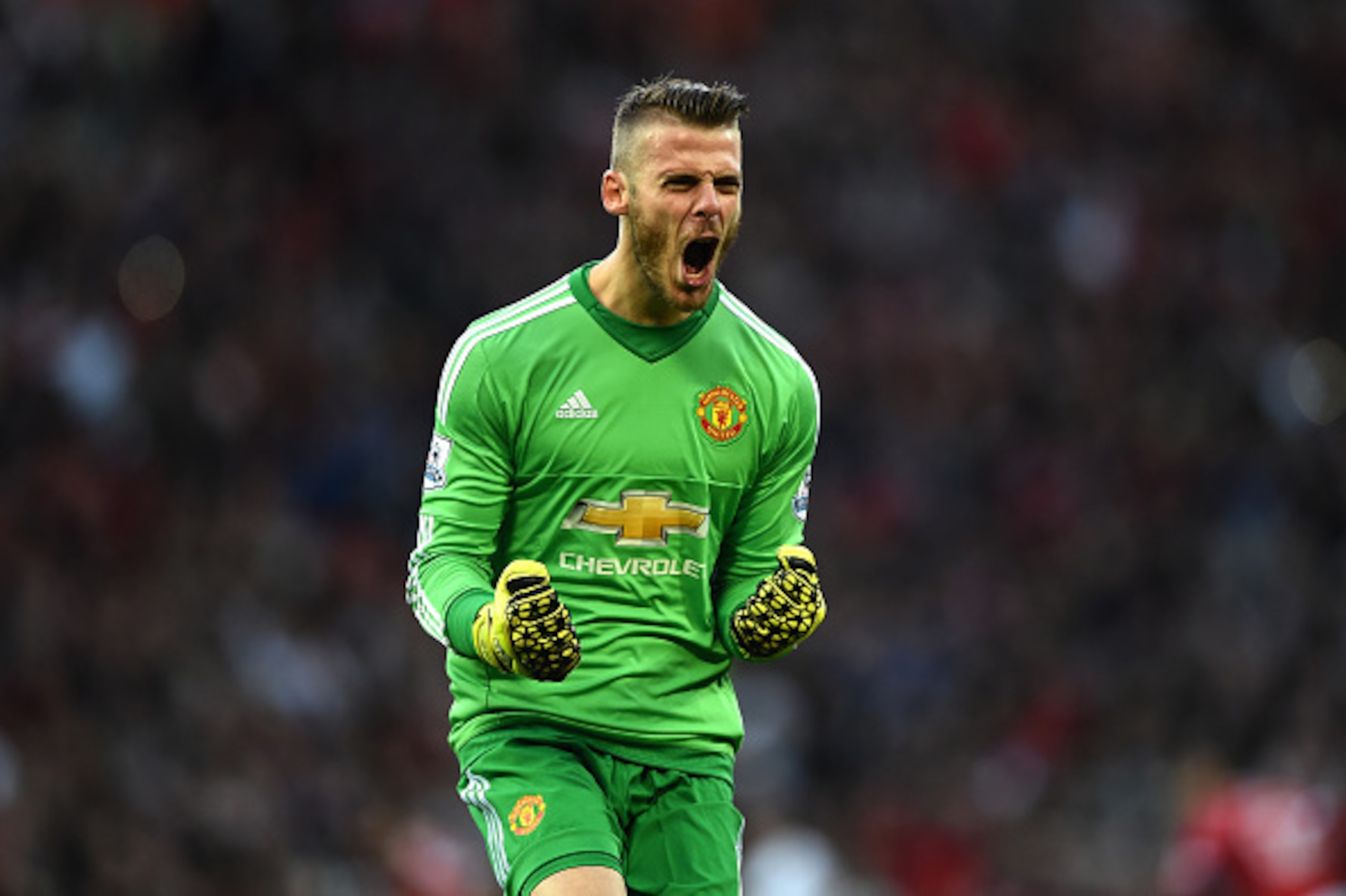 MANCHESTER, ENGLAND - SEPTEMBER 12: David De Gea of Manchester United celebrates the goal scored by Ander Herrera during the Barclays Premier League match between Manchester United and Liverpool at Old Trafford on September 12, 2015 in Manchester, United MANCHESTER, ENGLAND - SEPTEMBER 12: David De Gea of Manchester United celebrates the goal scored by Ander Herrera during the Barclays Premier League match between Manchester United and Liverpool at Old Trafford on September 12, 2015 in Manchester, United