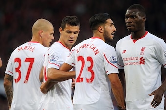 MANCHESTER, ENGLAND - SEPTEMBER 12:  Martin Skrtel, Dejan Lovren, Emre Can and Christian Benteke of Liverpool try and build a defence wall during the Barclays Premier League match between Manchester United and Liverpool on September 12, 2015 in Manchester
