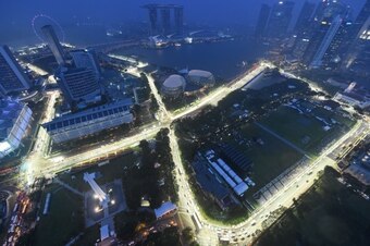 A general view shows the lit circuit for the upcoming Formula One Singapore Grand Prix night race on September 11, 2014. The Singapore Grand Prix will take place on September 21. AFP PHOTO / ROSLAN RAHMAN        (Photo credit should read ROSLAN RAHMAN/AFP