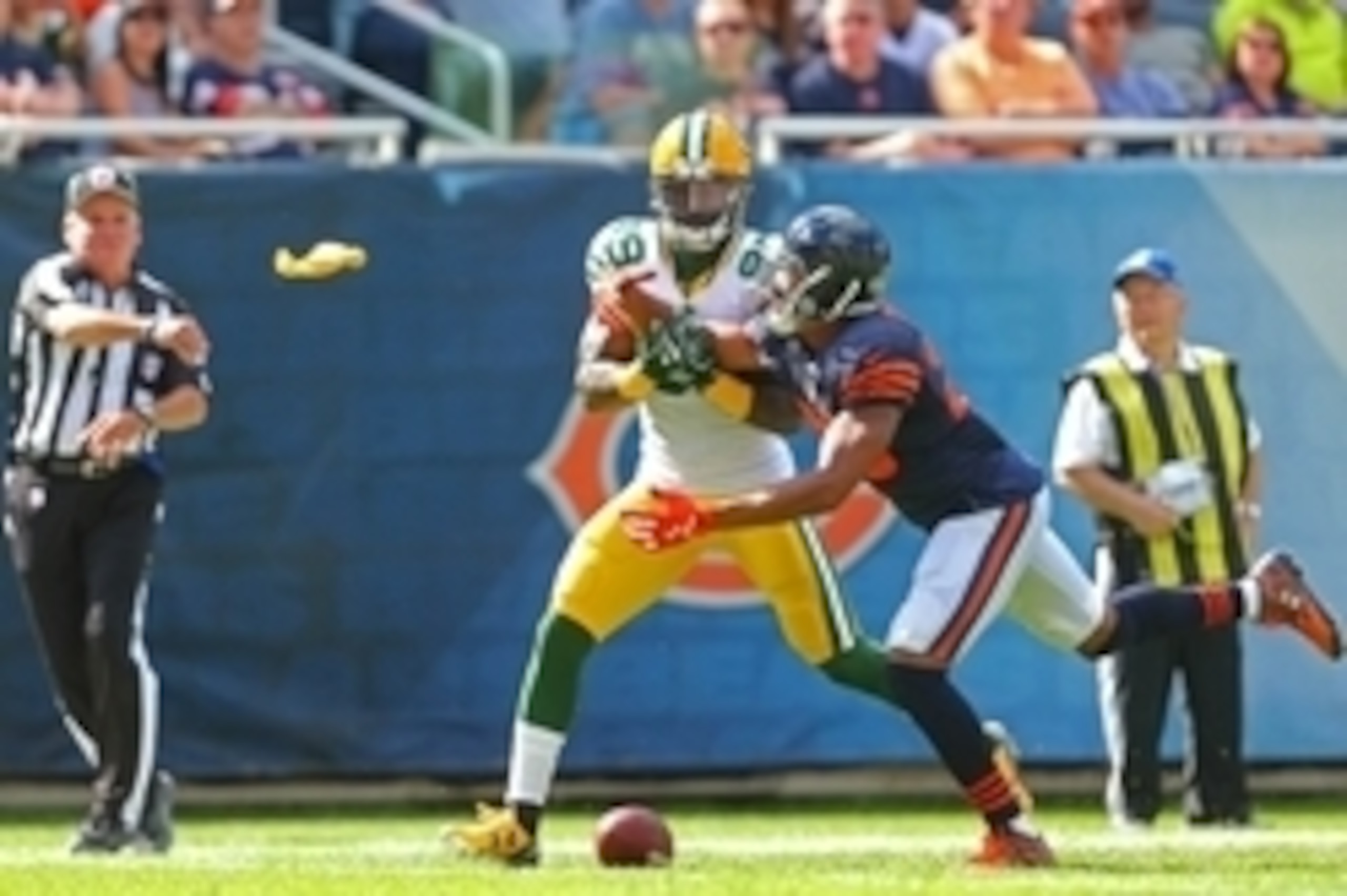 Sep 13, 2015; Chicago, IL, USA; Chicago Bears cornerback Kyle Fuller (23) is called for pass interference against Green Bay Packers wide receiver James Jones (89) during the second half at Soldier Field. Green Bay won 31-23. Mandatory Credit: Dennis Wierz
