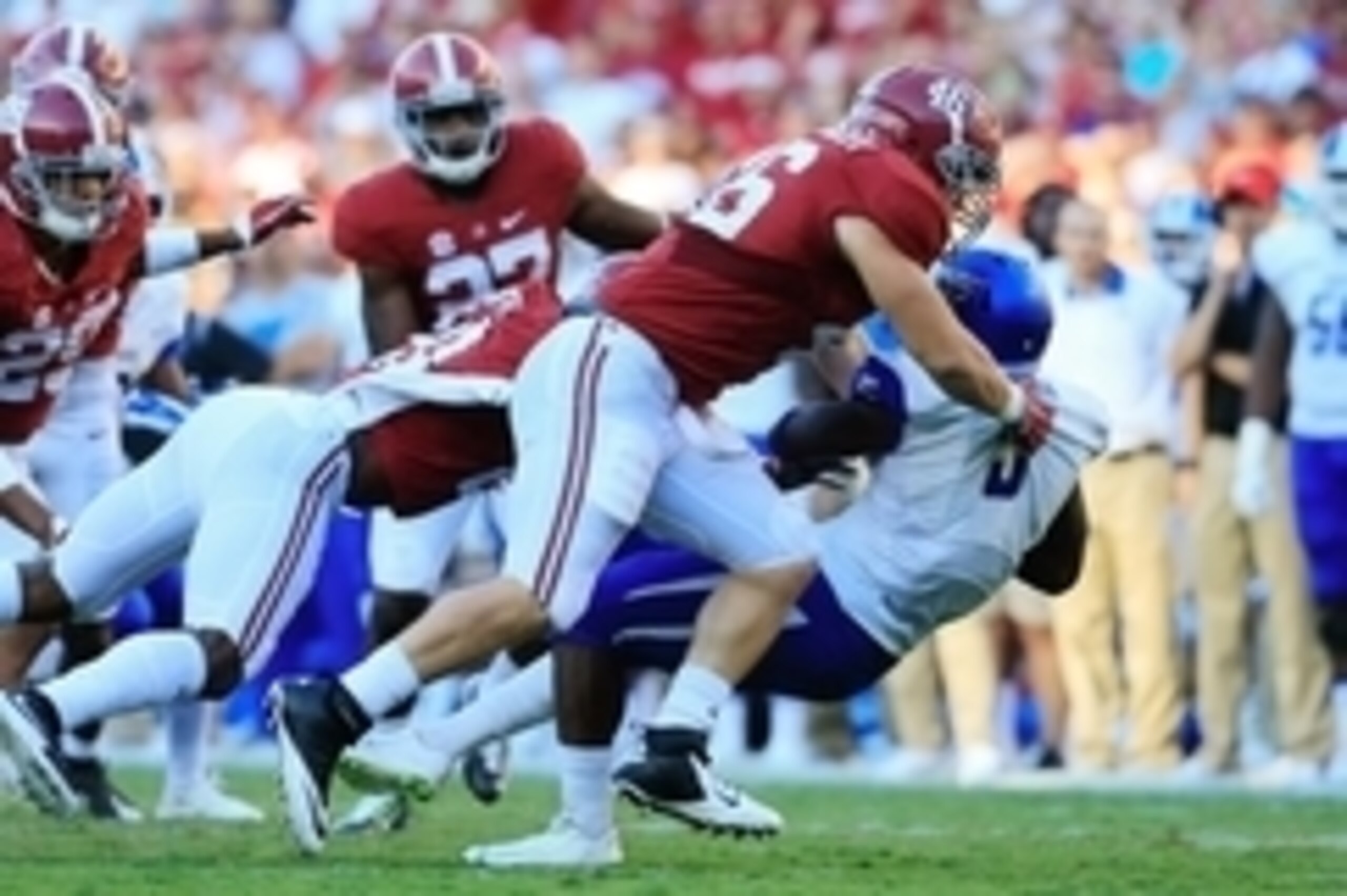 Sep 12, 2015; Tuscaloosa, AL, USA;  Alabama Crimson Tide tight end Michael Nysewander (46) hits Middle Tennessee Blue Raiders running back Jeremiah Bryson (5) after he received a punt at Bryant-Denny Stadium. Mandatory Credit: Marvin Gentry-USA TODAY Spor