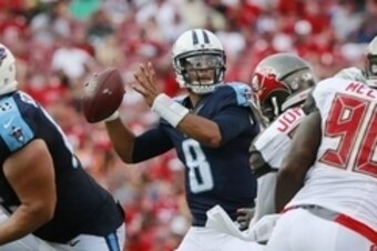 Sep 13, 2015; Tampa, FL, USA; Tennessee Titans quarterback Marcus Mariota (8) throws the ball against the Tampa Bay Buccaneers during the second half at Raymond James Stadium.  Tennessee Titans defeated the Tampa Bay Buccaneers 42-14. Mandatory Credit: Ki