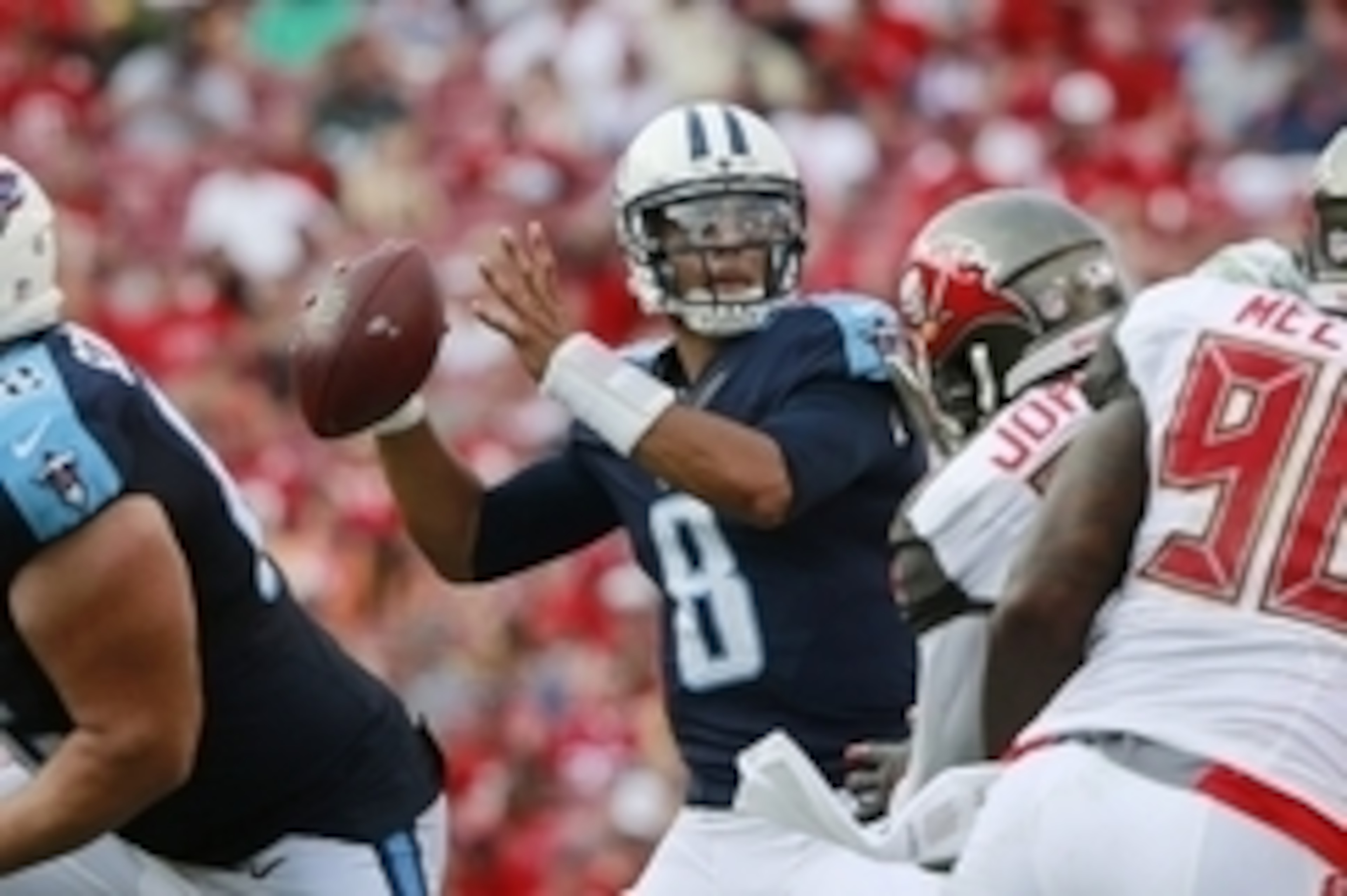 Sep 13, 2015; Tampa, FL, USA; Tennessee Titans quarterback Marcus Mariota (8) throws the ball against the Tampa Bay Buccaneers during the second half at Raymond James Stadium. Tennessee Titans defeated the Tampa Bay Buccaneers 42-14. Mandatory Credit: Ki Sep 13, 2015; Tampa, FL, USA; Tennessee Titans quarterback Marcus Mariota (8) throws the ball against the Tampa Bay Buccaneers during the second half at Raymond James Stadium. Tennessee Titans defeated the Tampa Bay Buccaneers 42-14. Mandatory Credit: Ki