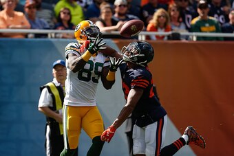 CHICAGO, IL - SEPTEMBER 13:   Kyle Fuller #23 of the Chicago Bears is called for pass interference against  James Jones #89 of the Green Bay Packers at Soldier Field on September 13, 2015 in Chicago, Illinois. The Green Bay Packers defeated the Chicago Be