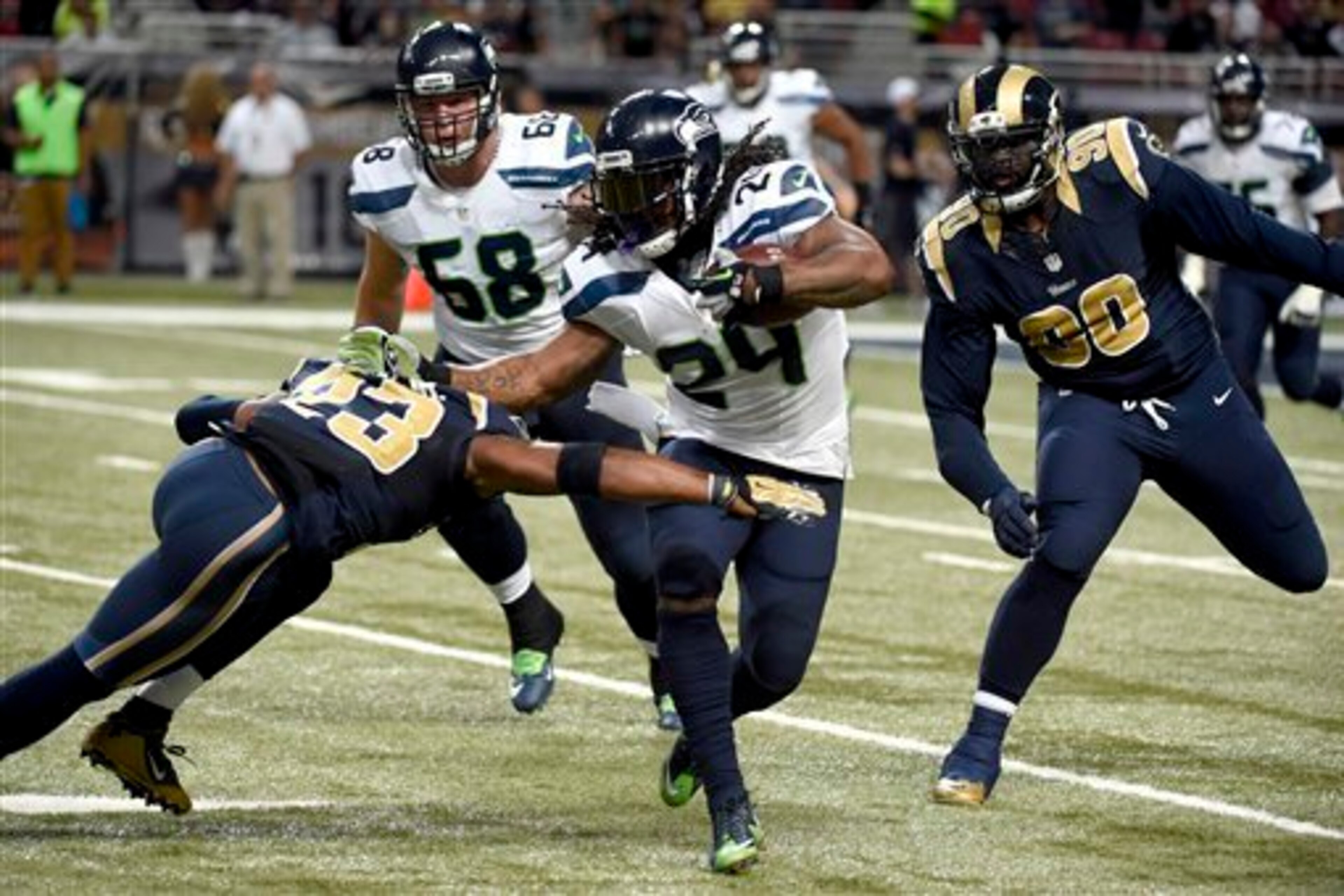 The Rams held Marshawn Lynch in check. The running back had 104 total yards, but no touchdowns.