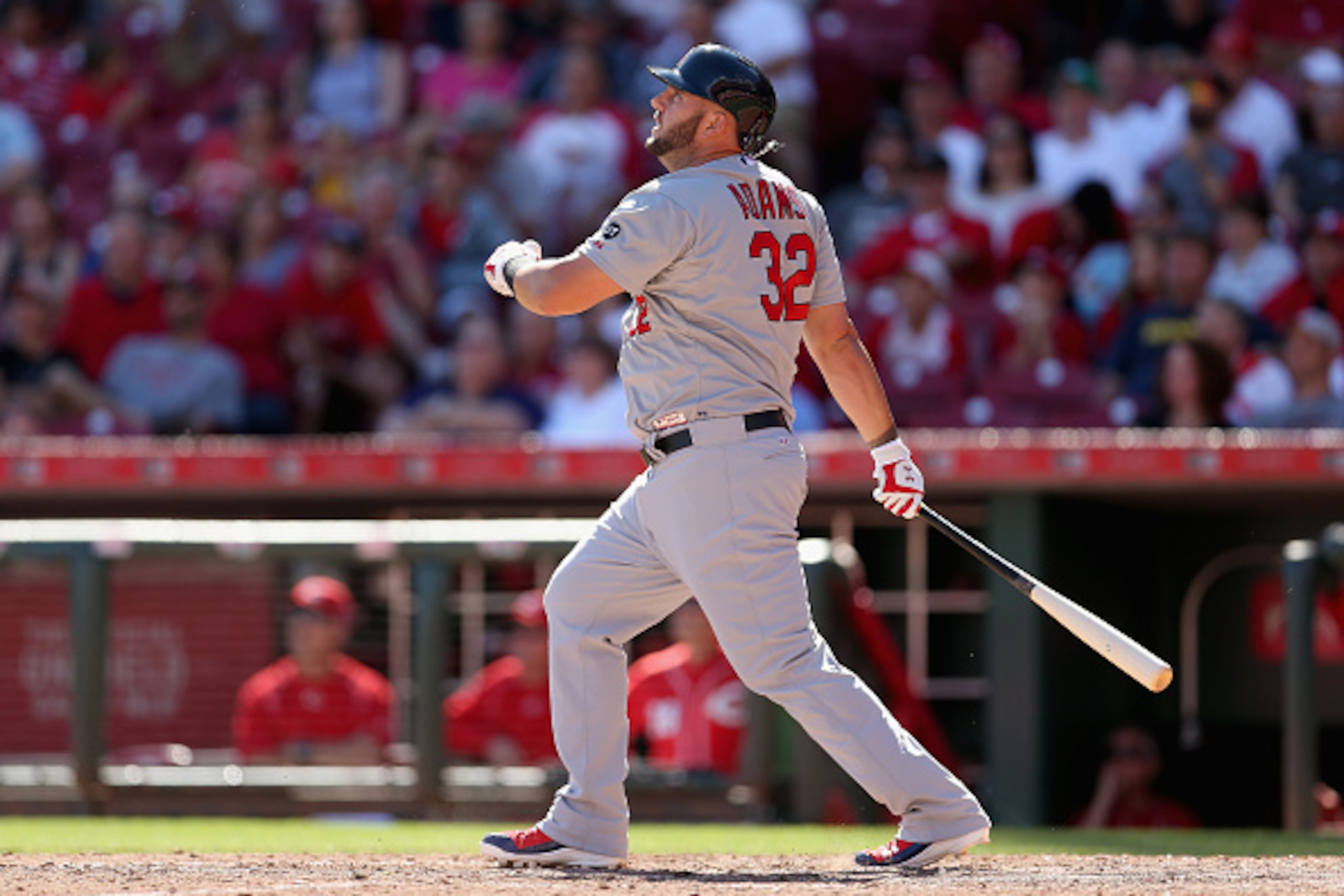 CINCINNATI, OH - SEPTEMBER 13:  Matt Adams #32 of the St. Louis Cardinals hits a home run in the 8th inningduring the game against the Cincinnati Reds at Great American Ball Park on September 13, 2015 in Cincinnati, Ohio.  (Photo by Andy Lyons/Getty Image