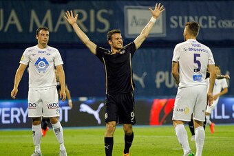 ZAGREB, CROATIA - JULY 28: Angelo Henriquez (C) of FC Dinamo Zagreb celebrates the goal during the UEFA Champions League Third Qualifying Round 1st Leg match between FC Dinamo Zagreb and FC Molde at Maksimir stadium  on July 28, 2015  in Zagreb, Croatia. 