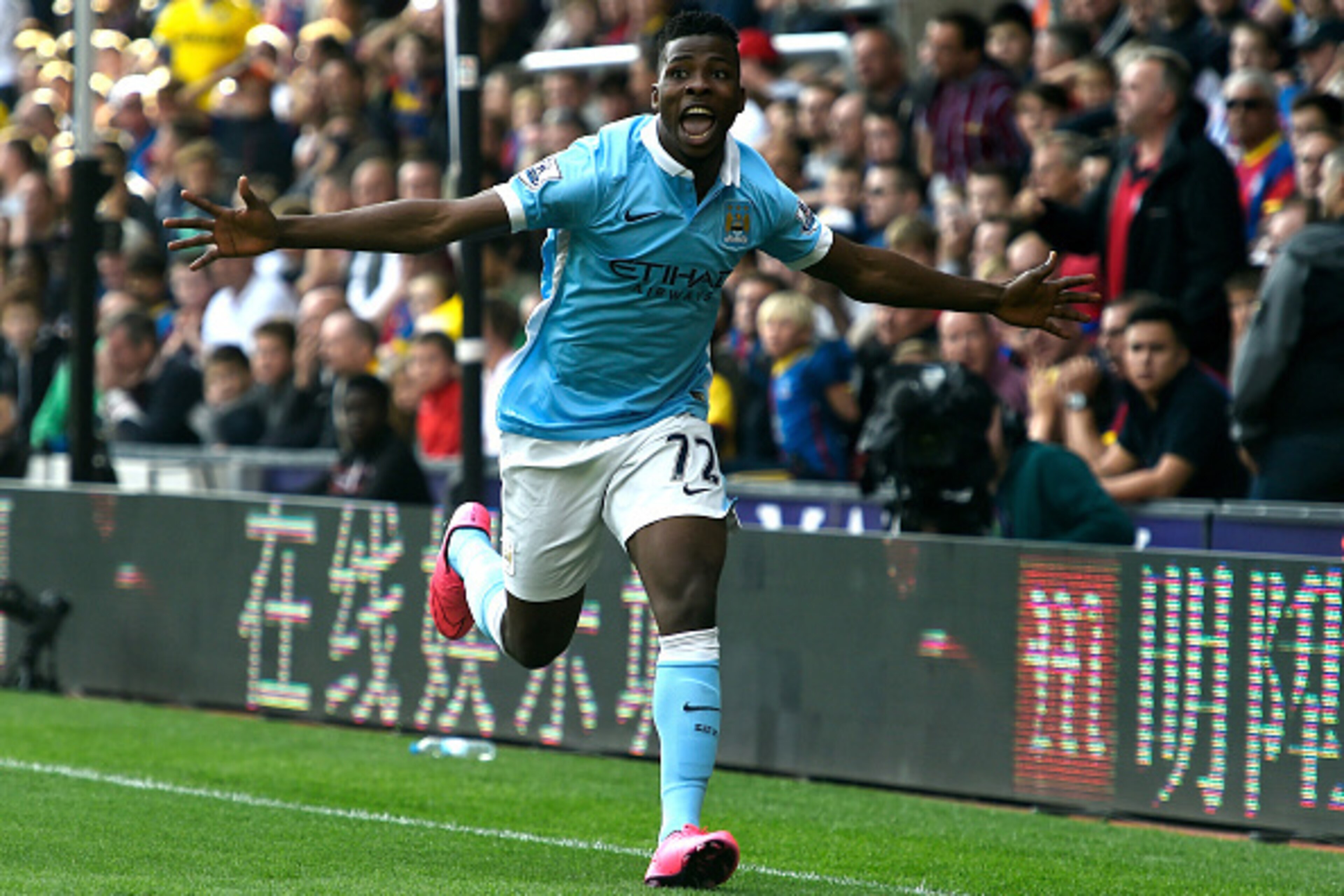 LONDON, ENGLAND - SEPTEMBER 12: Kelechi Iheanacho of Manchester City celebrates scoring his team's opening goal during the Barclays Premier League match between Crystal Palace and Manchester City at Selhurst Park on September 12, 2015 in London, United K LONDON, ENGLAND - SEPTEMBER 12: Kelechi Iheanacho of Manchester City celebrates scoring his team's opening goal during the Barclays Premier League match between Crystal Palace and Manchester City at Selhurst Park on September 12, 2015 in London, United K