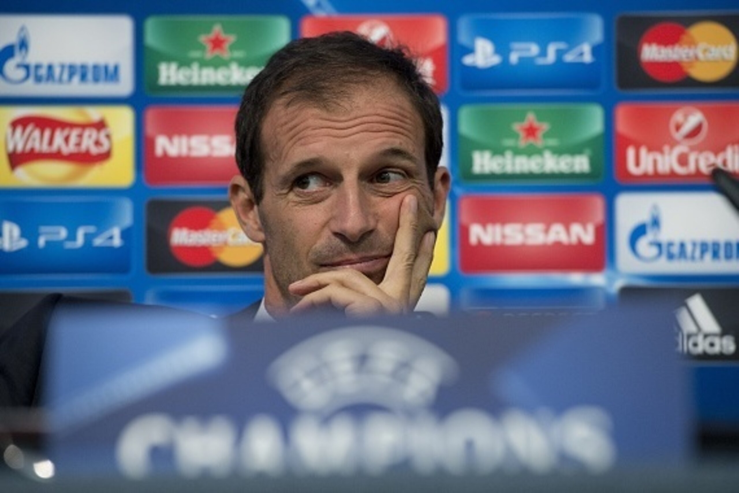Juventus' Italian manager Massimiliano Allegri speaks during a press conference at the Etihad Stadium in Manchester, north-west England on September 14, 2015, ahead of their UEFA Champions League Group D football match against Manchester City on September