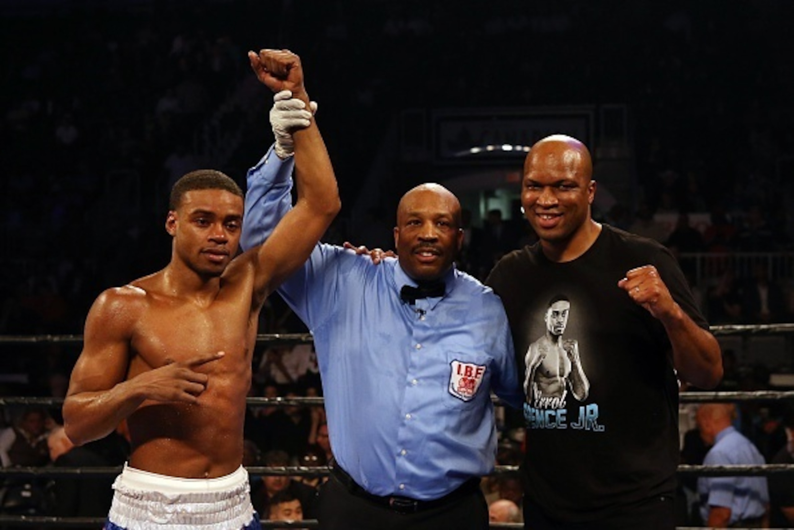 TORONTO, ON - SEPTEMBER 11:  Errol Spence Jr. (L) celebrates his victory against Chris van Heerden during their Premier Boxing Champions bout at the Ricoh Coliseum on September 11, 2015 in Toronto, Ontario, Canada.  (Photo by Vaughn Ridley/Getty Images)