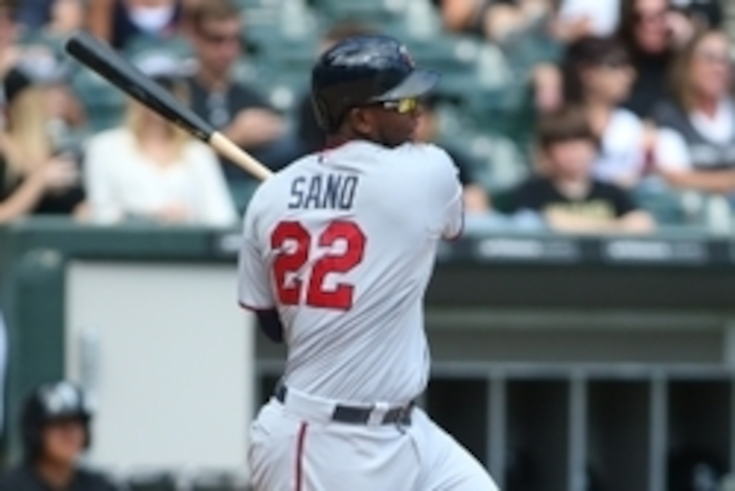 Sep 13, 2015; Chicago, IL, USA; Minnesota Twins designated hitter Miguel Sano (22) hits a single during the second inning against the Chicago White Sox at U.S Cellular Field. Mandatory Credit: Caylor Arnold-USA TODAY Sports Sep 13, 2015; Chicago, IL, USA; Minnesota Twins designated hitter Miguel Sano (22) hits a single during the second inning against the Chicago White Sox at U.S Cellular Field. Mandatory Credit: Caylor Arnold-USA TODAY Sports