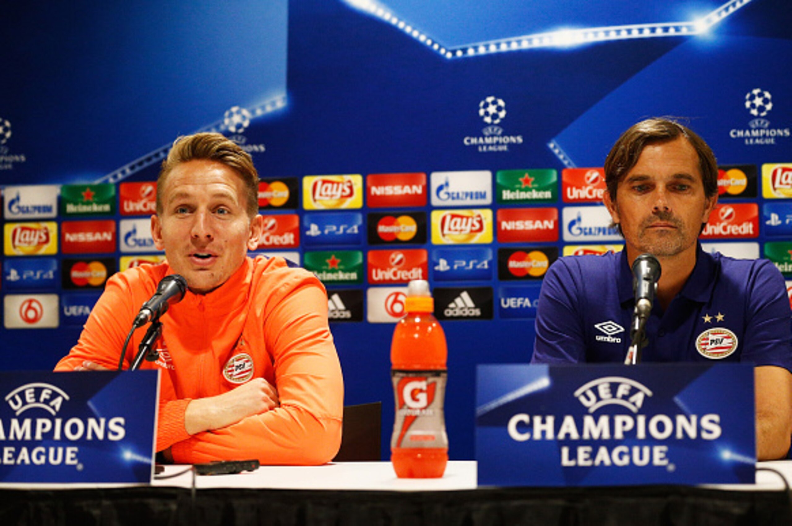 EINDHOVEN, NETHERLANDS - SEPTEMBER 14:  PSV manager / head coach, Phillip Cocu (R) and Luuk de Jong speak to the media during the PSV Eindhoven press conference held at Philips Stadion on September 14, 2015 in Eindhoven, Netherlands.  PSV will paly Manche