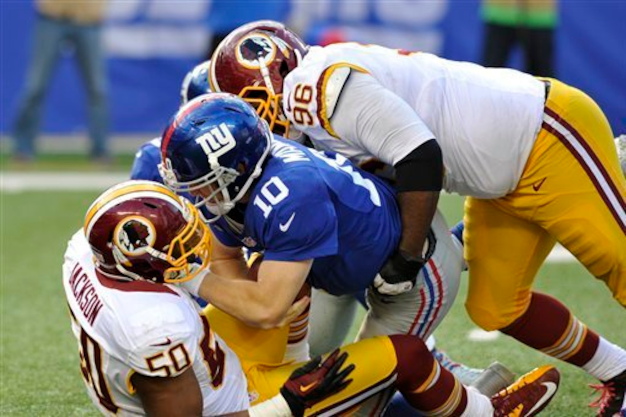 Barry Cofield takes down Eli Manning, whom he spent the first five years of his career practicing against. Barry Cofield takes down Eli Manning, whom he spent the first five years of his career practicing against.