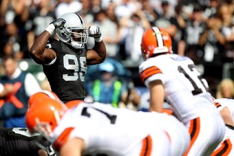 OAKLAND, CA - OCTOBER 16:  Kamerion Wimbley #96 of the Oakland Raiders lines up on defense against the Cleveland Browns at O.co Coliseum on October 16, 2011 in Oakland, California.  (Photo by Jed Jacobsohn/Getty Images)