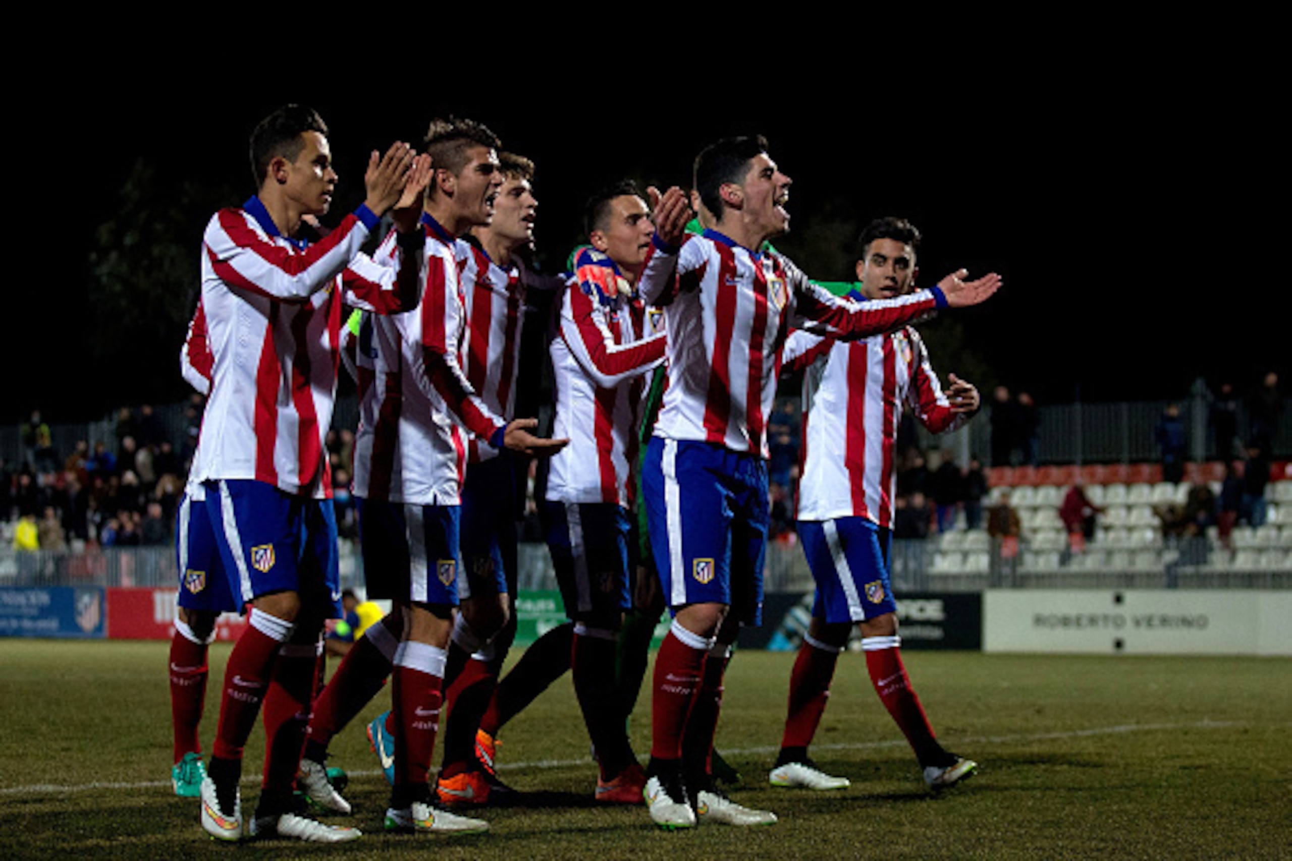 MAJADAHONDA, SPAIN - JANUARY 27:  Atletico de Madrid players celebrate their victory after the UEFA Youth League match between Atletico de Madrid and Arsenal at Atletico de Madrid Sport City on January 27, 2015 in Majadahonda, Spain.  (Photo by Gonzalo Ar