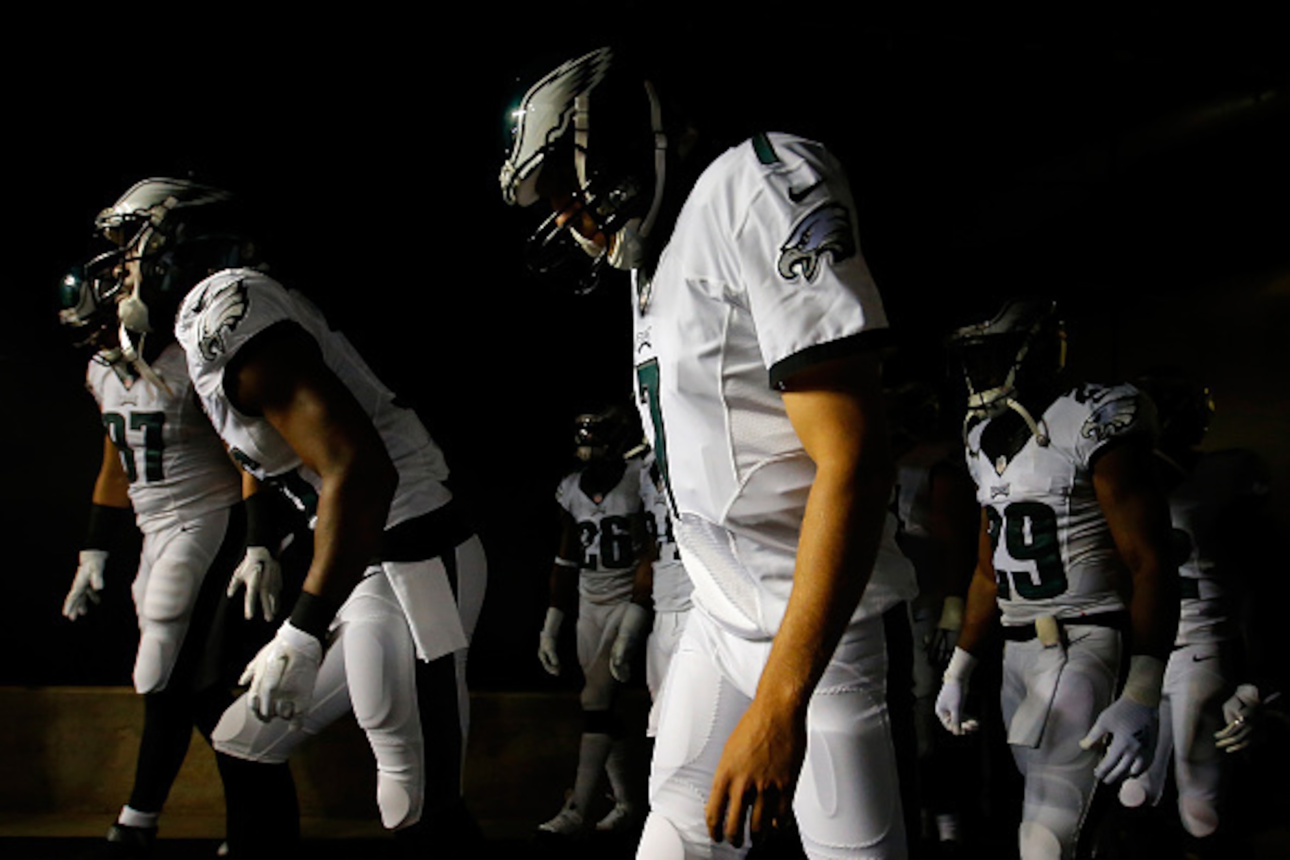 ATLANTA, GA - SEPTEMBER 14:  Sam Bradford #7 of the Philadelphia Eagles enters the field to face the Atlanta Falcons at Georgia Dome on September 14, 2015 in Atlanta, Georgia.  (Photo by Kevin C. Cox/Getty Images)