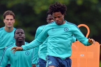 Chelsea's French striker Loic Remy jumps  during a training session at Chelsea's training ground, in Stoke D'Abernon, near London, on September 15, 2015, ahead of the team's forthcoming UEFA Champions League group G football match against Maccabi Tel Aviv