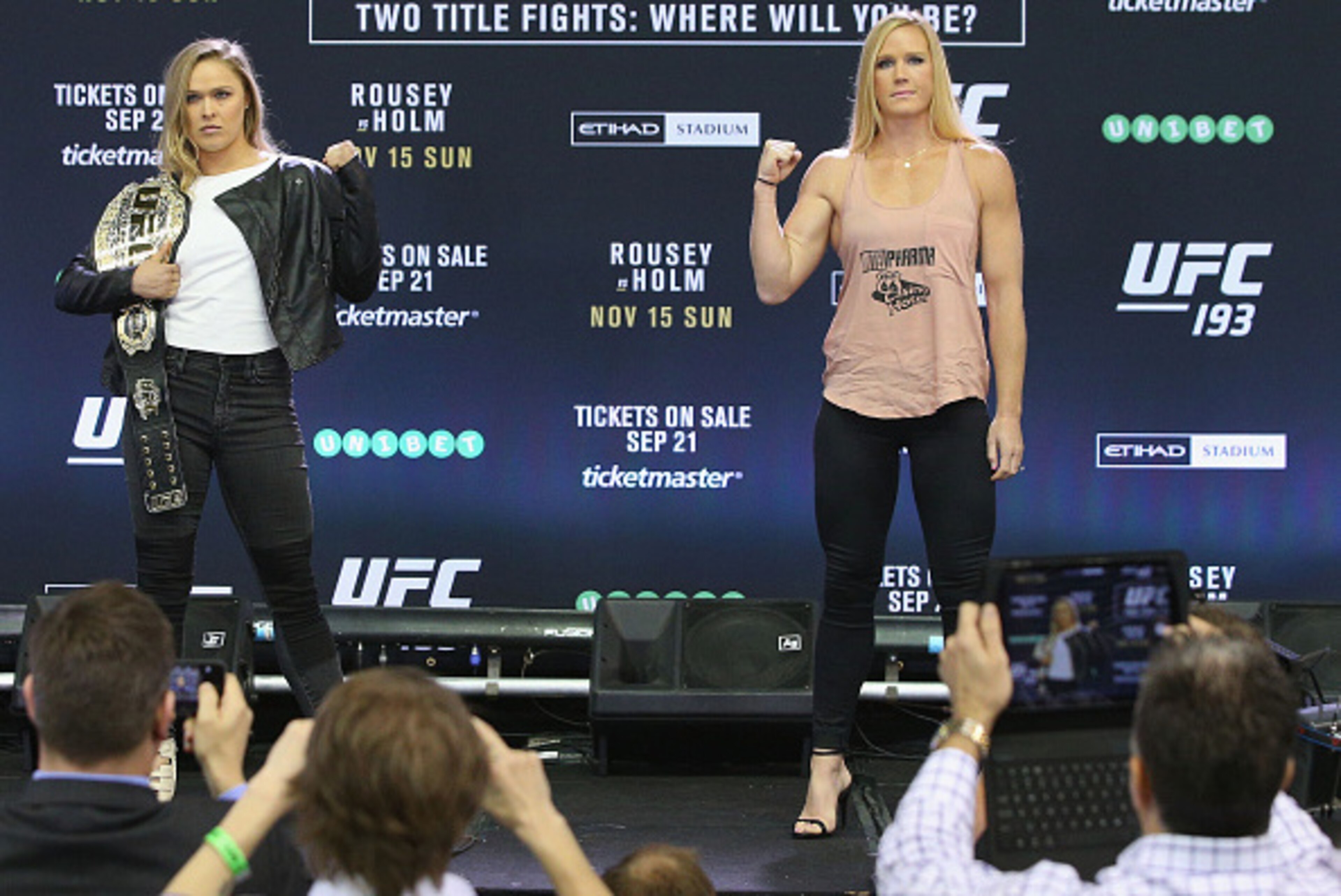MELBOURNE, AUSTRALIA - SEPTEMBER 16:  UFC Women's Bantamweight Champion Ronda Rousey (L) and her opponent Holly Holm pose during the UFC 193 media event at Etihad Stadium on September 16, 2015 in Melbourne, Australia.  (Photo by Michael Dodge/Zuffa LLC/Zu