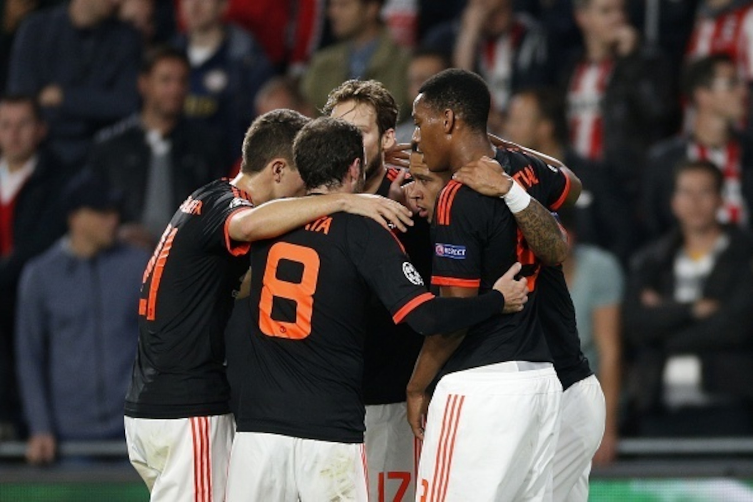 (L-R), Ander Herrera of Manchester United FC, Juan Mata of Manchester United FC, Daley Blind of Manchester United FC, Memphis Depay of Manchester United FC, Anthony Martial of Manchester United FC during the UEFA Champions League group B match between PSV