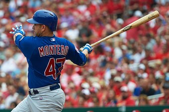 ST. LOUIS, MO - SEPTEMBER 7: Miguel Montero #47 of the Chicago Cubs hits a two RBI double in the third inning against the St. Louis Cardinals at Busch Stadium on September 7, 2015 in St. Louis, Missouri.  (Photo by Michael Thomas/Getty Images)