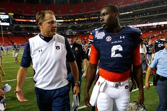 ATLANTA, GA - SEPTEMBER 05:  Head coach Gus Malzahn and Jeremy Johnson #6 of the Auburn Tigers celebrate their 31-24 win over the Louisville Cardinals at Georgia Dome on September 5, 2015 in Atlanta, Georgia.  (Photo by Kevin C. Cox/Getty Images)