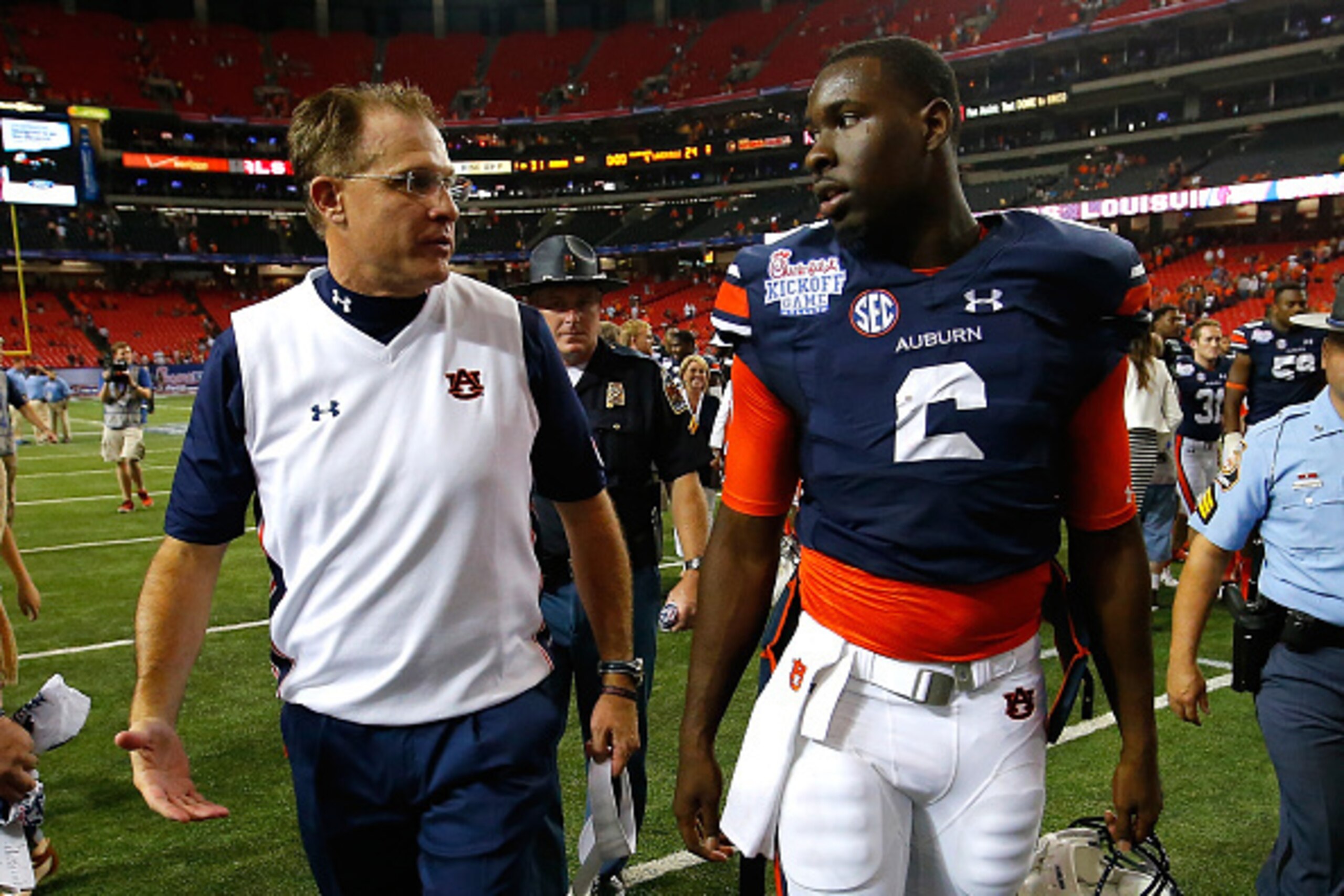 ATLANTA, GA - SEPTEMBER 05:  Head coach Gus Malzahn and Jeremy Johnson #6 of the Auburn Tigers celebrate their 31-24 win over the Louisville Cardinals at Georgia Dome on September 5, 2015 in Atlanta, Georgia.  (Photo by Kevin C. Cox/Getty Images)