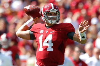TUSCALOOSA, AL - SEPTEMBER 12:  Jake Coker #14 of the Alabama Crimson Tide looks to pass against the Middle Tennessee Blue Raiders at Bryant-Denny Stadium on September 12, 2015 in Tuscaloosa, Alabama.  (Photo by Kevin C. Cox/Getty Images)