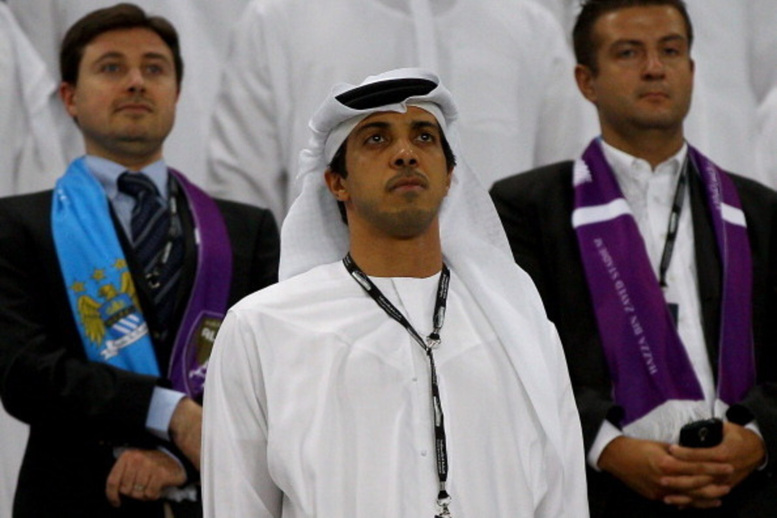 AL AIN, UNITED ARAB EMIRATES - MAY 15:  Manchester City owner Sheikh Mansour bin Zayed Al Nahyan are pictured during the friendly match between Al Ain and Manchester City at Hazza bin Zayed Stadium on May 15, 2014 in Al Ain, United Arab Emirates.  (Photo 