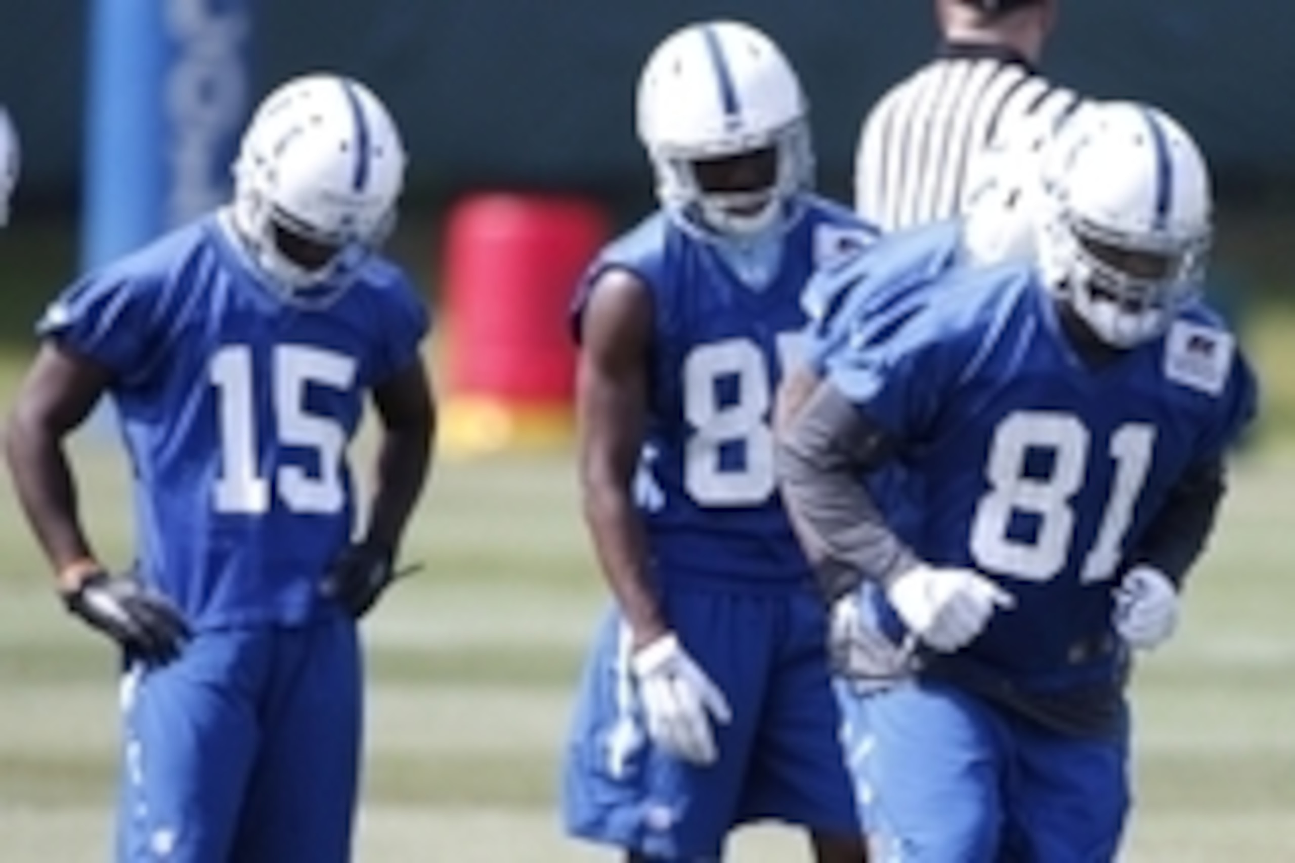 May 27, 2015; Indianapolis, IN, USA; Indianapolis Colts wide receivers Phillip Dorsett (15) and Andre Johnson (81) go through footwork drills during OTA at Indiana Farm Bureau Football Center. Mandatory Credit: Brian Spurlock-USA TODAY Sports May 27, 2015; Indianapolis, IN, USA; Indianapolis Colts wide receivers Phillip Dorsett (15) and Andre Johnson (81) go through footwork drills during OTA at Indiana Farm Bureau Football Center. Mandatory Credit: Brian Spurlock-USA TODAY Sports