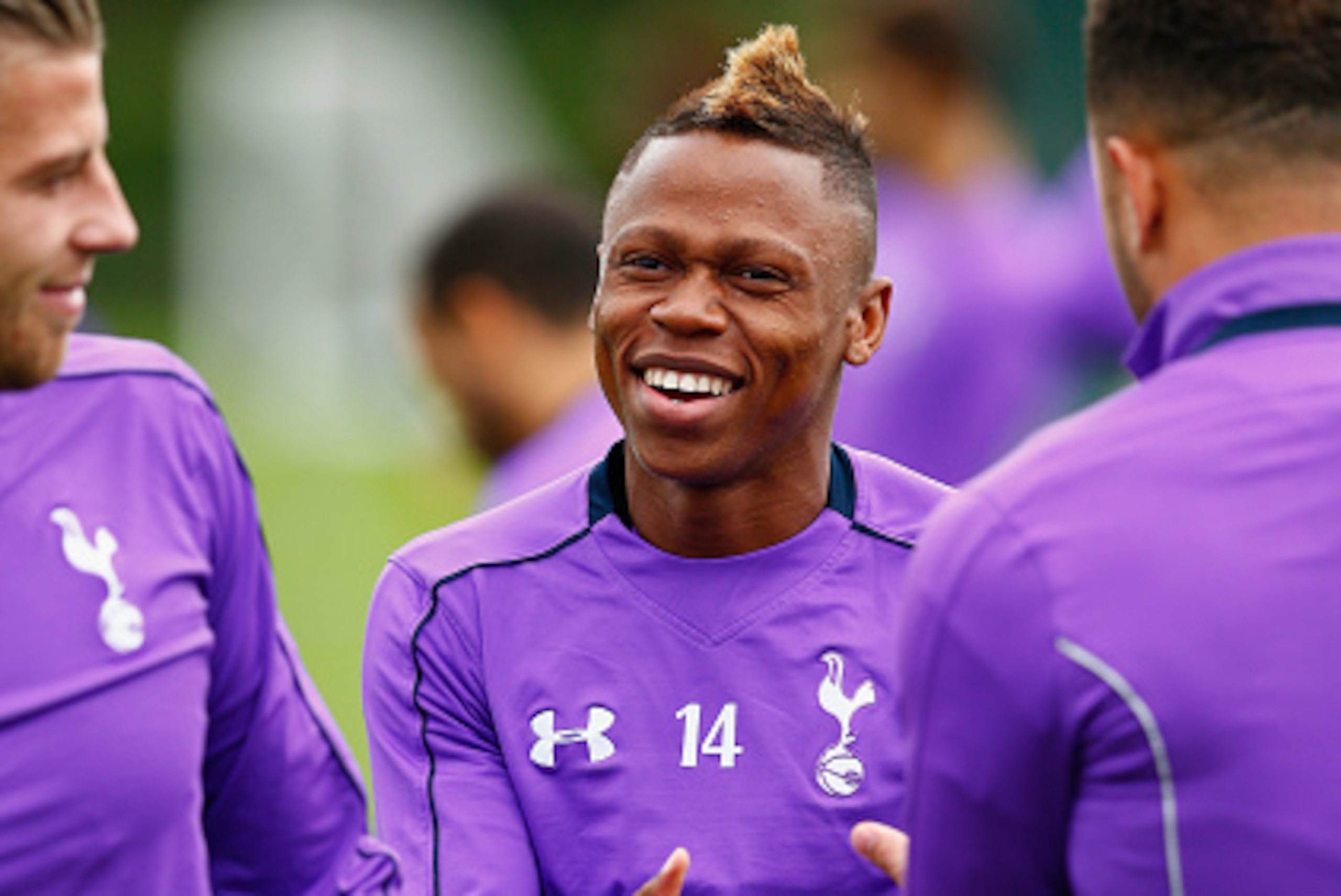 ENFIELD, ENGLAND - SEPTEMBER 16:  Clinton Njie of Tottenham Hotspur laughs at the start of a training session at the Tottenham Hotspur training ground on September 16, 2015 in Enfield, England.  (Photo by Harry Engels/Getty Images)